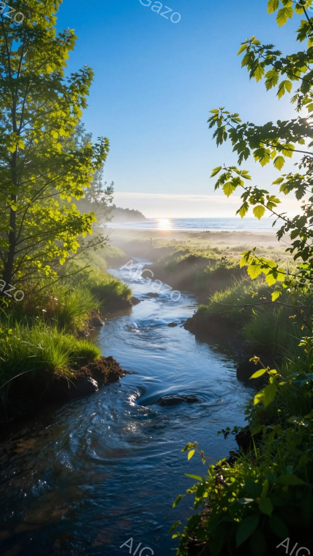 穏やかな小川が緑豊かな草地を流れ、太陽の光が水面に反射してキラキラと輝いている。背景には、薄霧のかかった海岸線と、柔らかな光が差し込む空が広がっており、静かで平和な雰囲気を醸し出している。自然の美しさを捉えた、心が安らぐ風景だ。