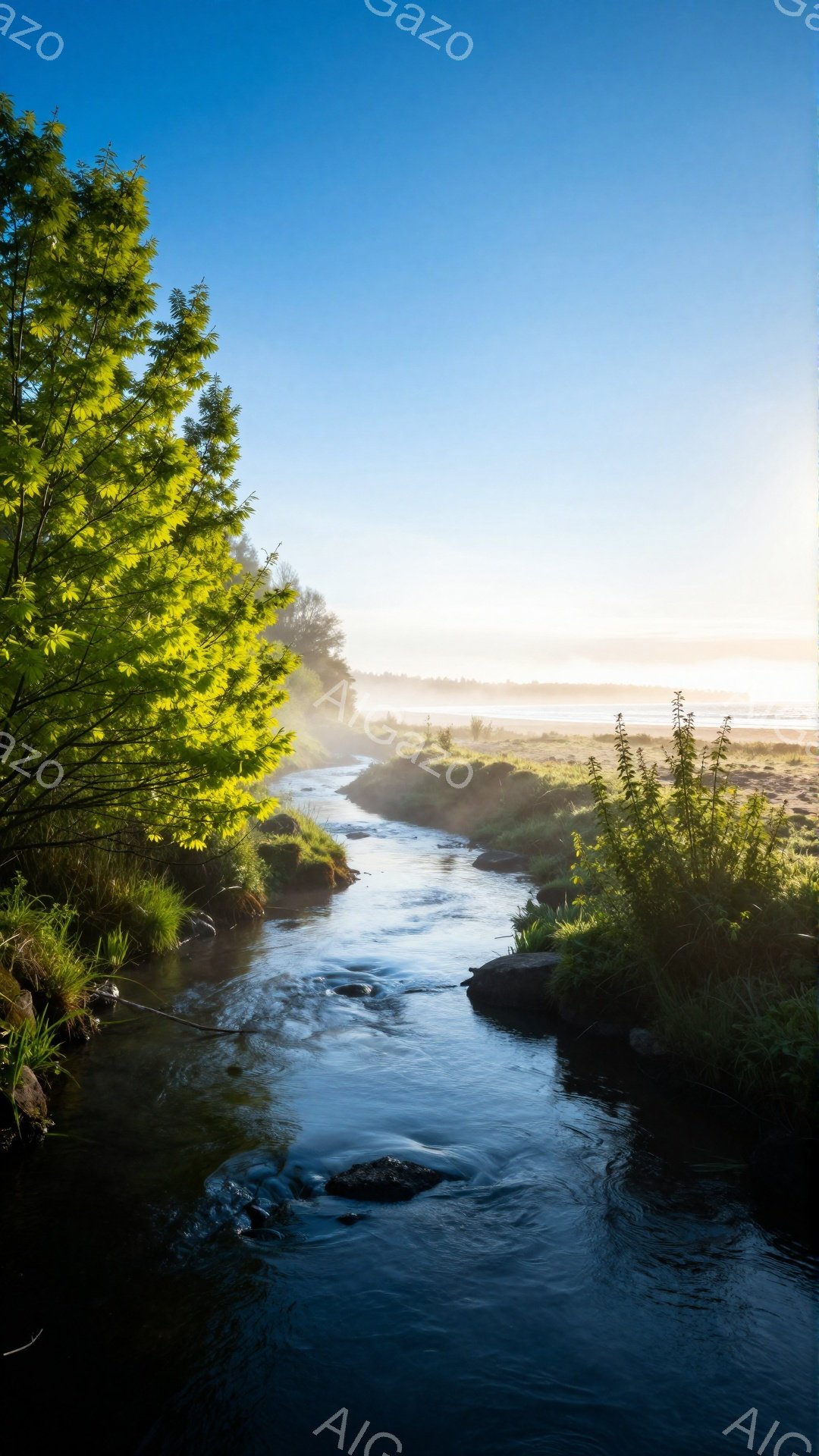 澄んだ水が流れる小川が、朝日を浴びて輝いている。川沿いには緑豊かな草木が生い茂り、朝霧が立ち込めて幻想的な雰囲気を醸し出している。穏やかで静寂な景色は、心を安らげる。