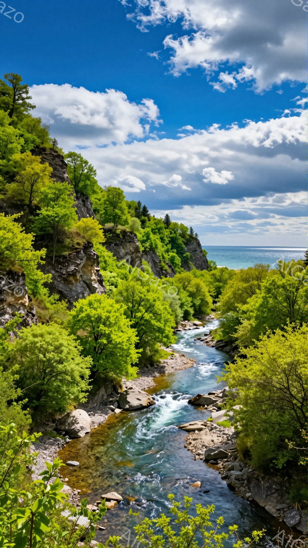 緑豊かな木々に囲まれた、急流の川が岩の間を縫うように流れている。空は青く、白い雲が浮かび、自然の美しさが際立っている。川の流れは力強く、静かで穏やかな雰囲気を醸し出している。