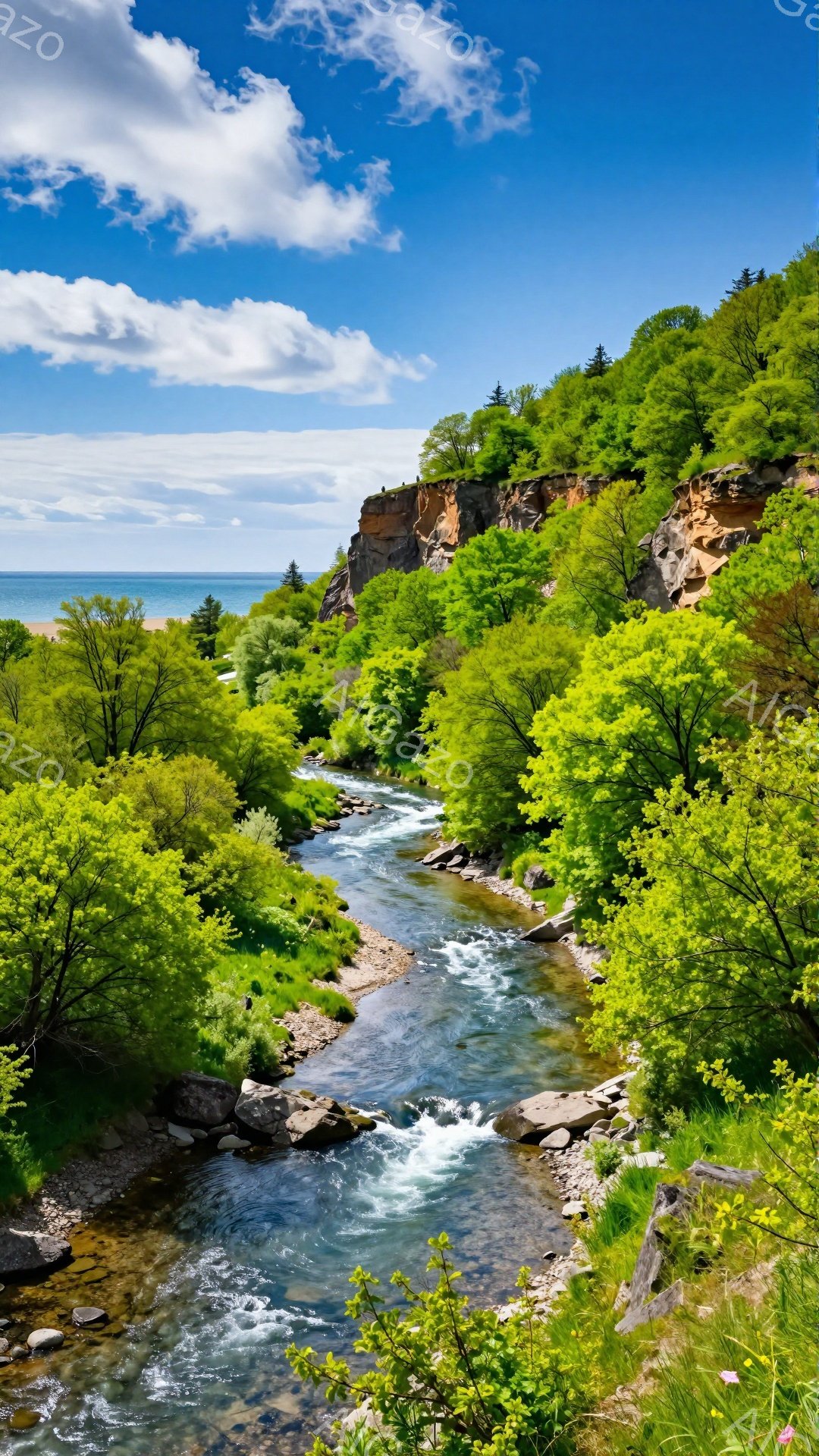 青々とした緑と赤い崖に囲まれた澄んだ川が、明るい太陽の下で力強く流れている。空は青く、白い雲が浮かび、穏やかで平和な雰囲気を作り出している。自然の美しさが際立っており、リラックスできる光景だ。