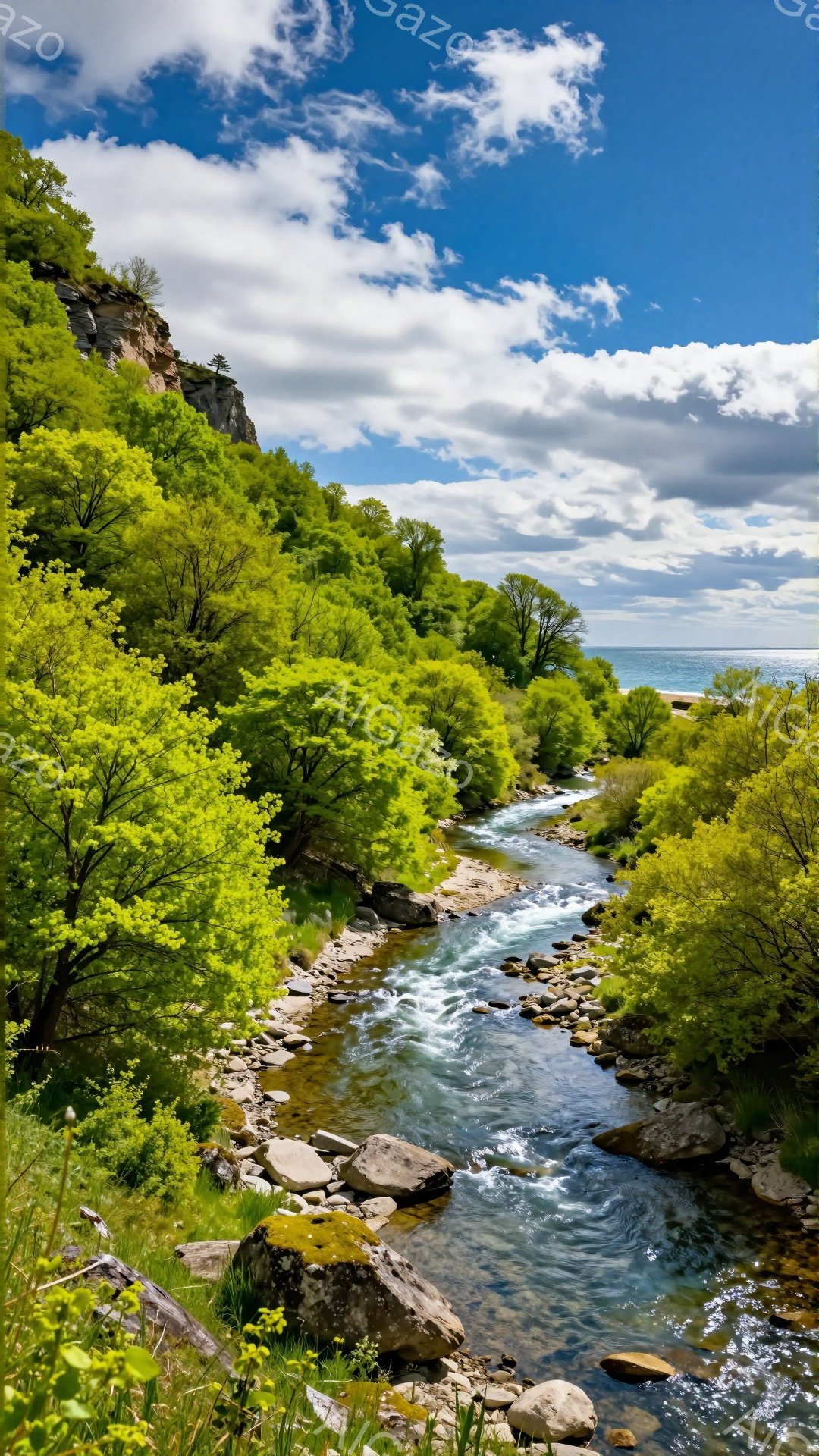 岩でできた川が緑豊かな森林の間を流れており、水は太陽の光を受けて輝いている。空は青く、白い雲が浮かび、自然の静けさと美しさを強調している。鮮やかな緑と輝く水が、見る人に安らぎと活力を与える。