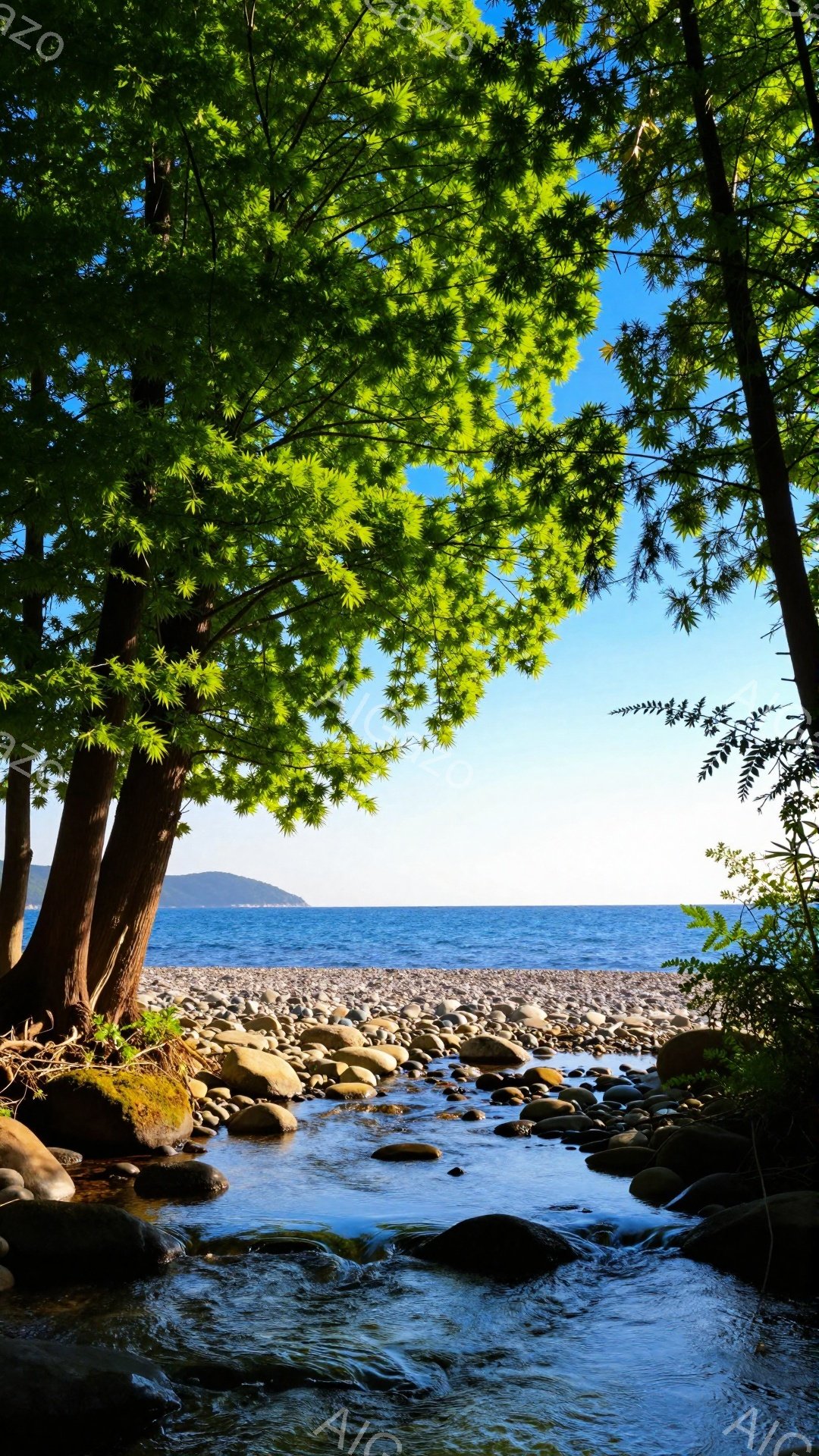 青々とした木々の間から、小石が敷き詰められた川が流れ、穏やかな海へと続いています。遠くには山々が見え、晴天の下、自然の美しさが際立っています。静かで穏やかな雰囲気で、心が安らぐ光景です。