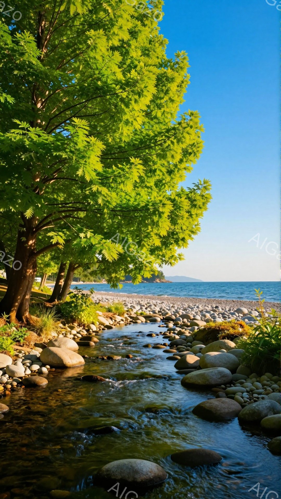 澄んだ水が小石の川床を流れ、緑豊かな木々が岸辺を彩っている。青い空と穏やかな湖が背景に広がり、自然の美しさを際立たせている。水面は太陽の光を受けてキラキラと輝き、心地よい安らぎを与えてくれる。