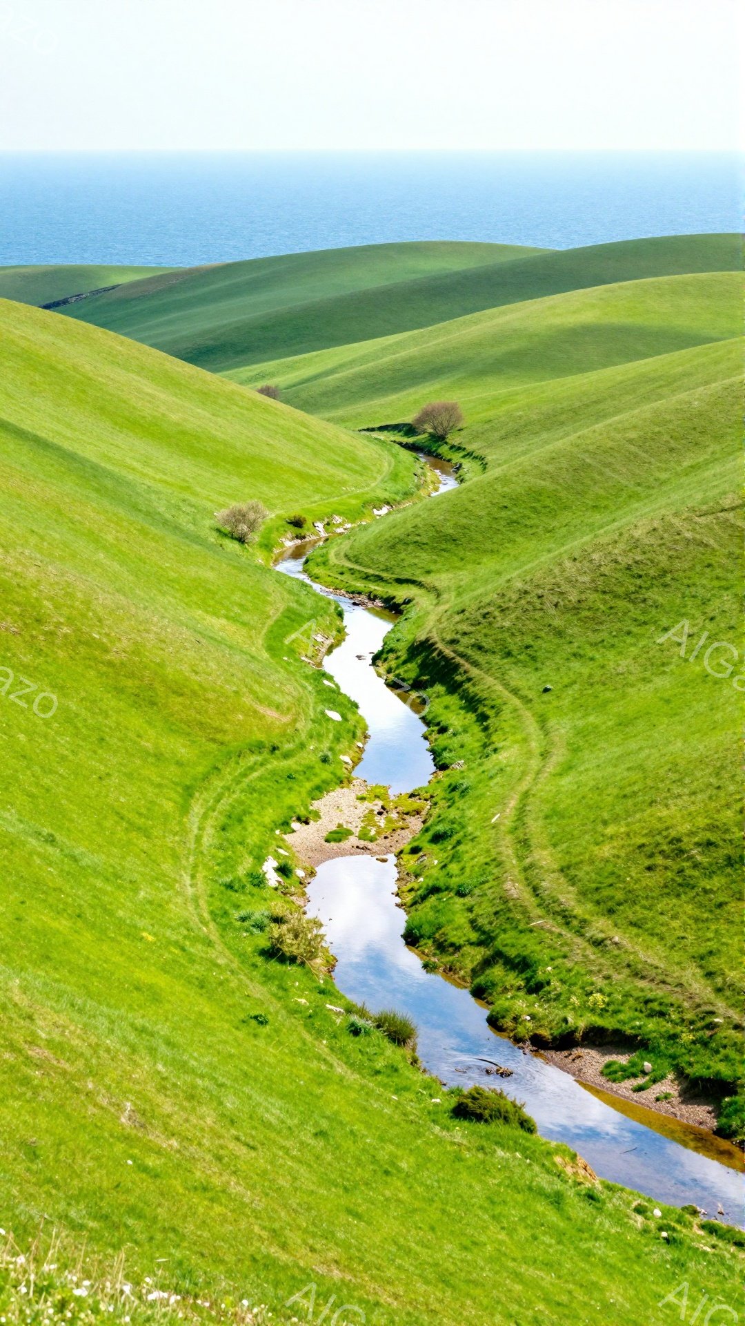 鮮やかな緑の丘陵地帯を蛇行するように流れる小川が見える。遠くには青い海が見え、穏やかで平和な雰囲気が漂っている。春の陽光が降り注ぎ、生命力にあふれた風景だ。