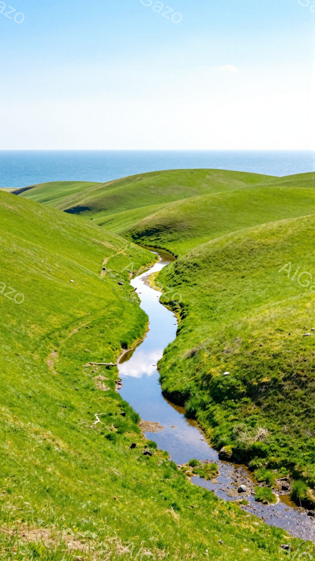 緑の丘陵地帯を蛇行するように流れる小川が印象的な風景です。青い空と海が背景に広がり、穏やかで静謐な雰囲気を醸し出しています。鮮やかな緑と水のコントラストが美しく、自然の息吹を感じられます。