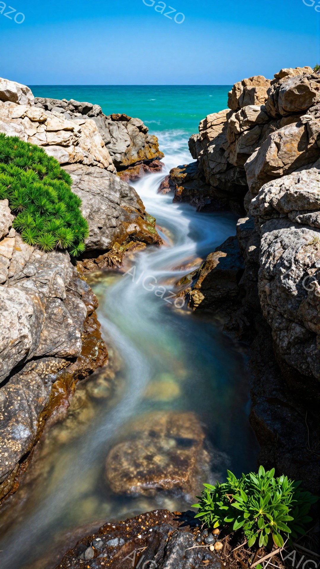 岩の隙間を流れる水が、長い露光で絹のように滑らかに捉えられています。周囲の岩肌は荒々しいですが、水の流れと緑の植物が穏やかなコントラストを生み出しています。青い空と海が背景に広がり、自然の静けさと美し - AI生成フリー素材