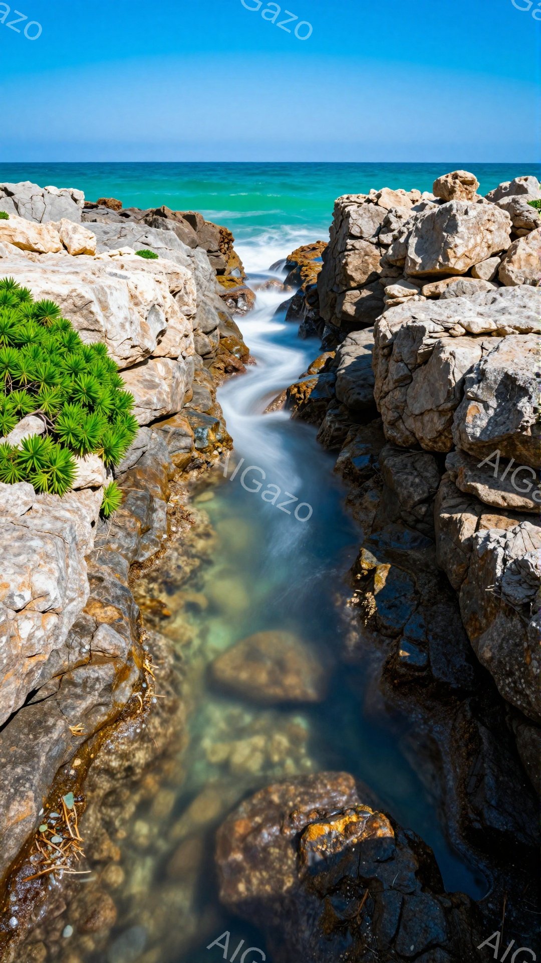鮮やかな青い海と岩の隙間を流れる水の流れが印象的な風景です。水は岩肌をなぞり、滑らかで美しい流れを作り出しています。周囲の緑と岩のコントラストが、自然の力強さと静けさを表現しています。