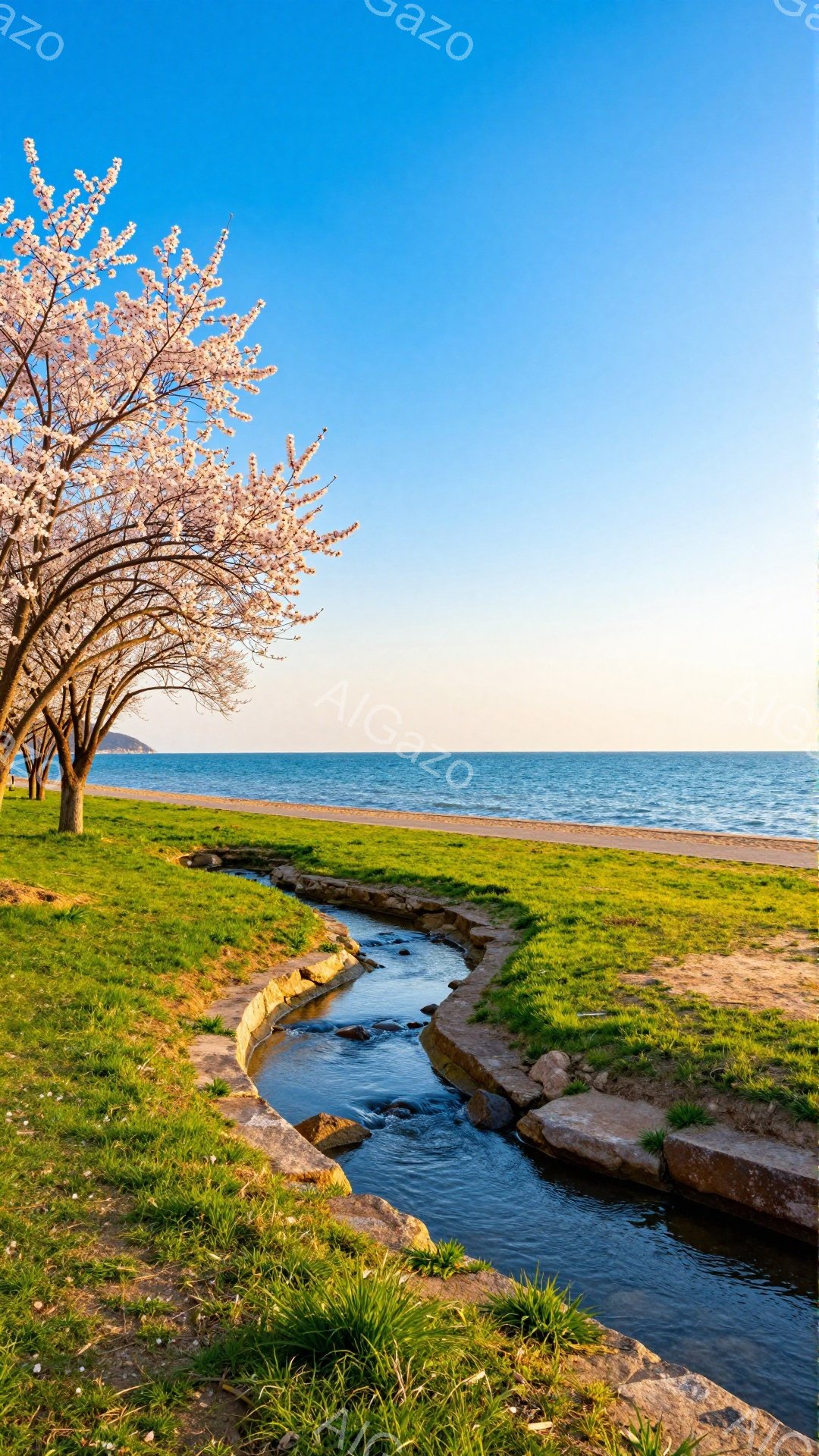 桜並木と小川が流れる海岸線が美しい風景です。穏やかな波の音と咲き誇る桜が、春の訪れを感じさせます。水路の石積みも風情があり、散策にぴったりの場所です。