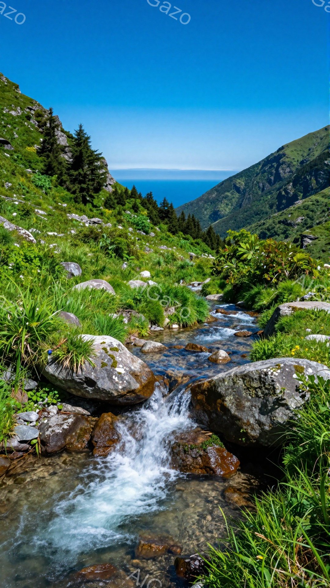 鮮やかな緑の草木と岩が織りなす渓流が、澄み切った水と共に画面を満たしている。遠くには青い海が広がり、そのコントラストが美しい風景を作り出している。太陽の光が降り注ぎ、自然の恵みを感じさせる穏やかな雰囲 - AI生成フリー素材
