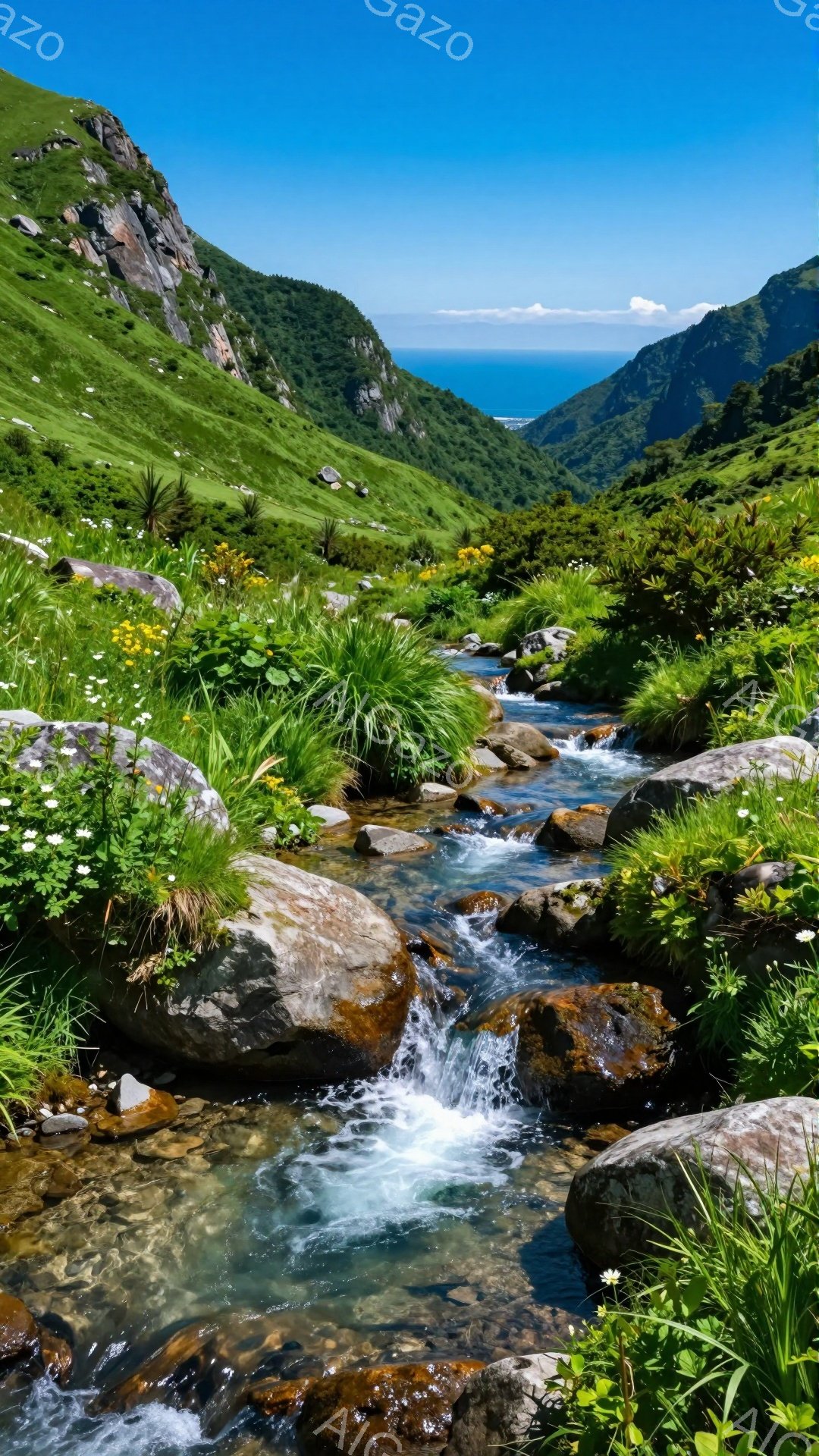 山間を流れる清流が印象的な風景です。緑豊かな斜面には様々な野草が咲き乱れ、水面は太陽の光を浴びてきらきらと輝いています。遠くには青い海が見え、自然の美しさが凝縮された、穏やかで静謐な空間が広がっていま - AI生成フリー素材