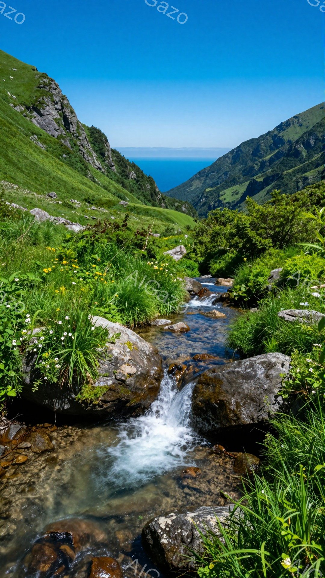 鬱蒼とした緑の斜面を流れる小川が印象的な風景です。遠くには青い海が見え、自然豊かな山の景色が広がっています。白い花や緑の草が鮮やかに咲き誇り、穏やかな雰囲気を醸し出しています。 - AI生成フリー素材