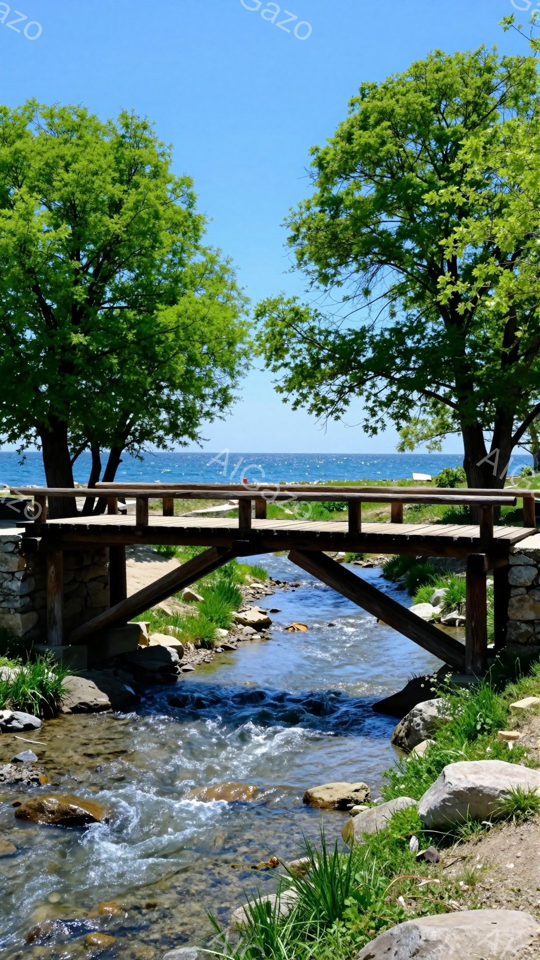 青々とした木々と澄んだ水が美しい風景です。小さな橋が川を横断し、水面は穏やかに光を反射しています。自然に囲まれた静かで平和な空間が感じられます。 - AI生成フリー素材