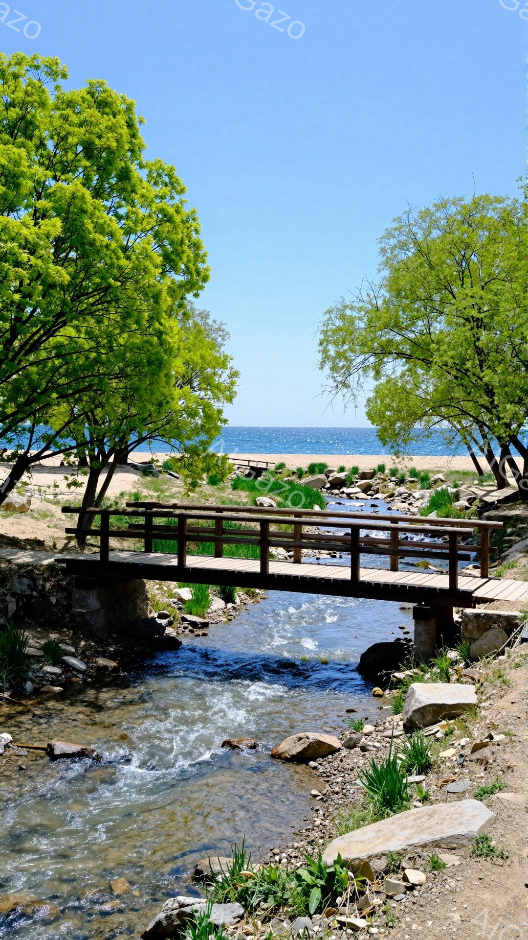 緑豊かな木々に囲まれた小さな橋が、穏やかな流れの川にかかっている。背景には青い湖が広がり、晴天の下、静かで平和な風景が広がっている。水辺には緑の植物が生い茂り、自然の美しさを際立たせている。 - AI生成フリー素材