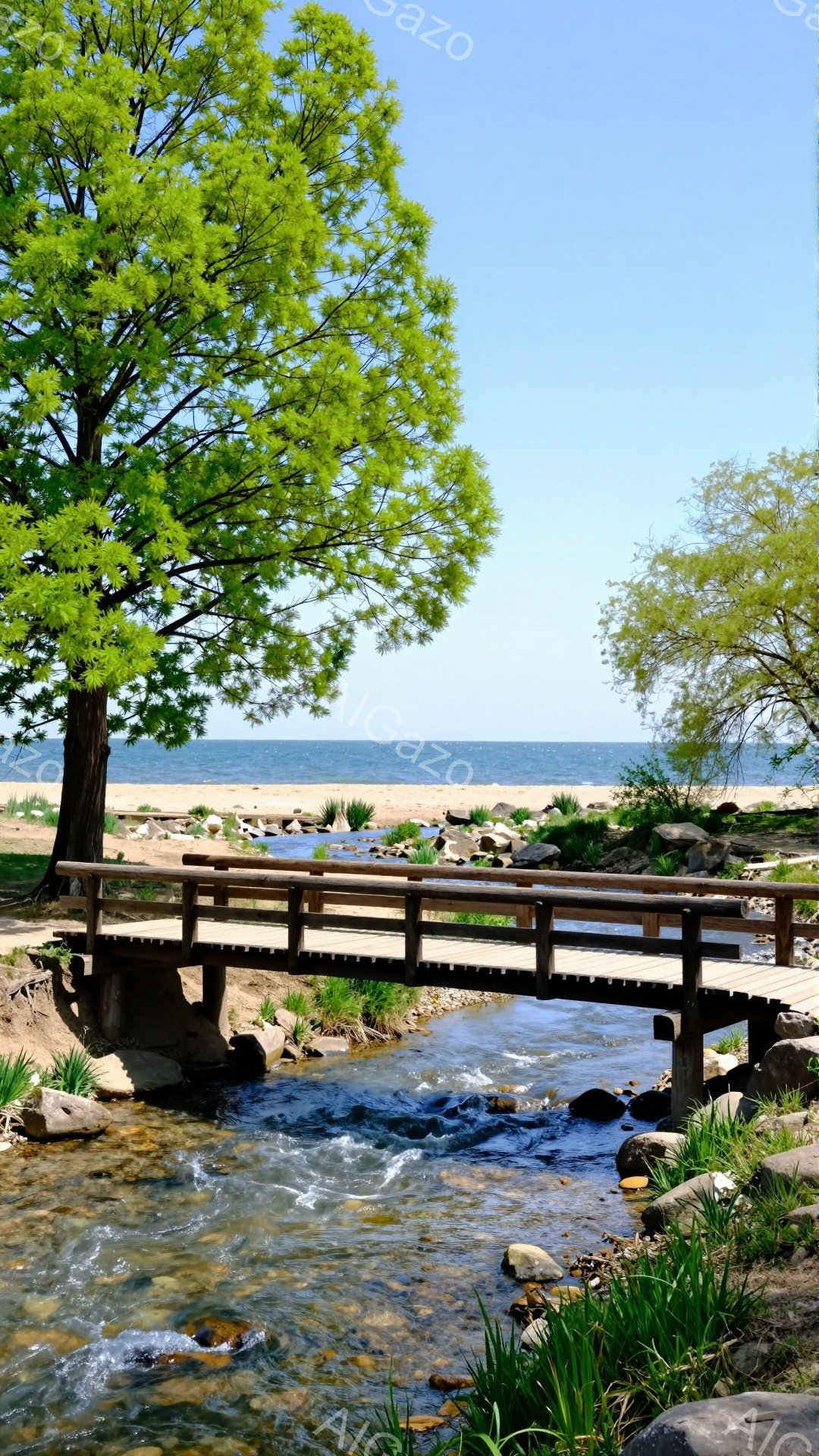 青々とした緑の木々と、木製の小さな橋が印象的な風景です。透き通った川の流れと、その先の穏やかなビーチが広がっており、静かで平和な雰囲気が漂っています。夏の太陽の下、自然を満喫できる美しい光景です。 - AI生成フリー素材