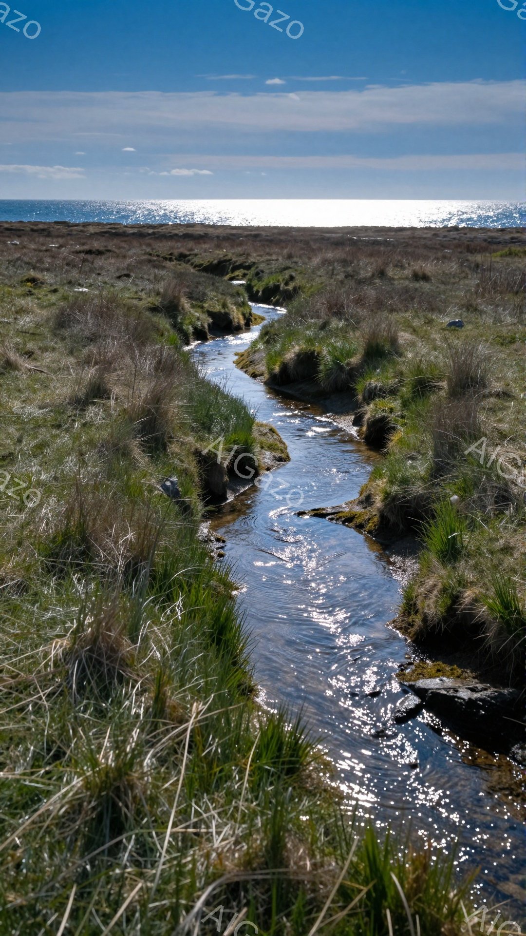 浅い水路が緑豊かな草地の間を蛇行し、遠くにはまばゆい光を反射する海が見える。空は澄んで青く、自然の静けさと安らぎが感じられる。水路の周りの植物は風に揺れ、穏やかな午後の雰囲気を醸し出している。