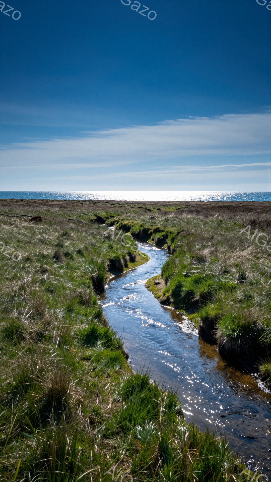 草原の中を蛇行する小川が印象的な風景です。空は晴れ渡り、水面は太陽の光を反射してキラキラと輝いています。緑豊かな草原と青い空のコントラストが、穏やかで平和な雰囲気を醸し出しています。