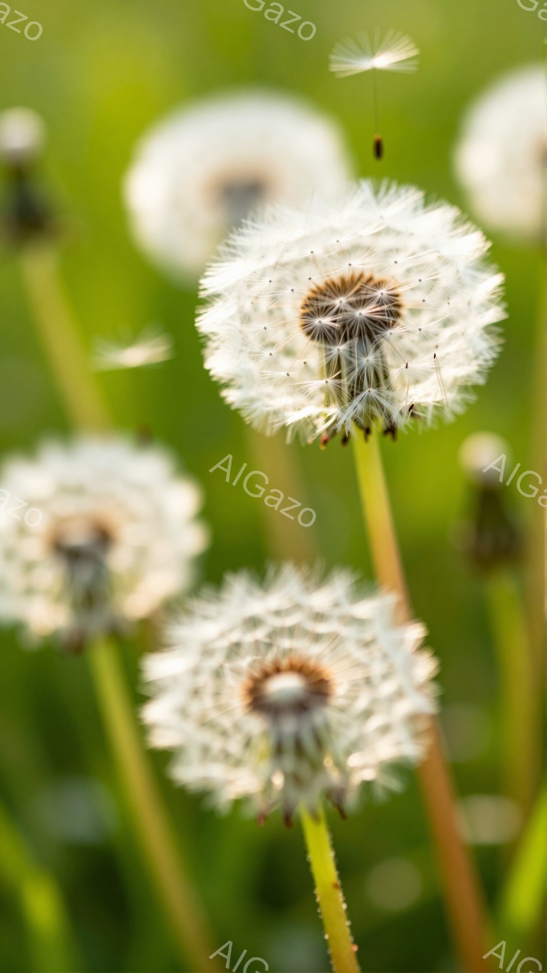 タンポポの綿毛が、柔らかい光の中でふわふわと舞っている。背景は緑色のぼやけた景色で、春の穏やかな日差しを感じさせる。綿毛の繊細さと、生命の儚さが表現されている。