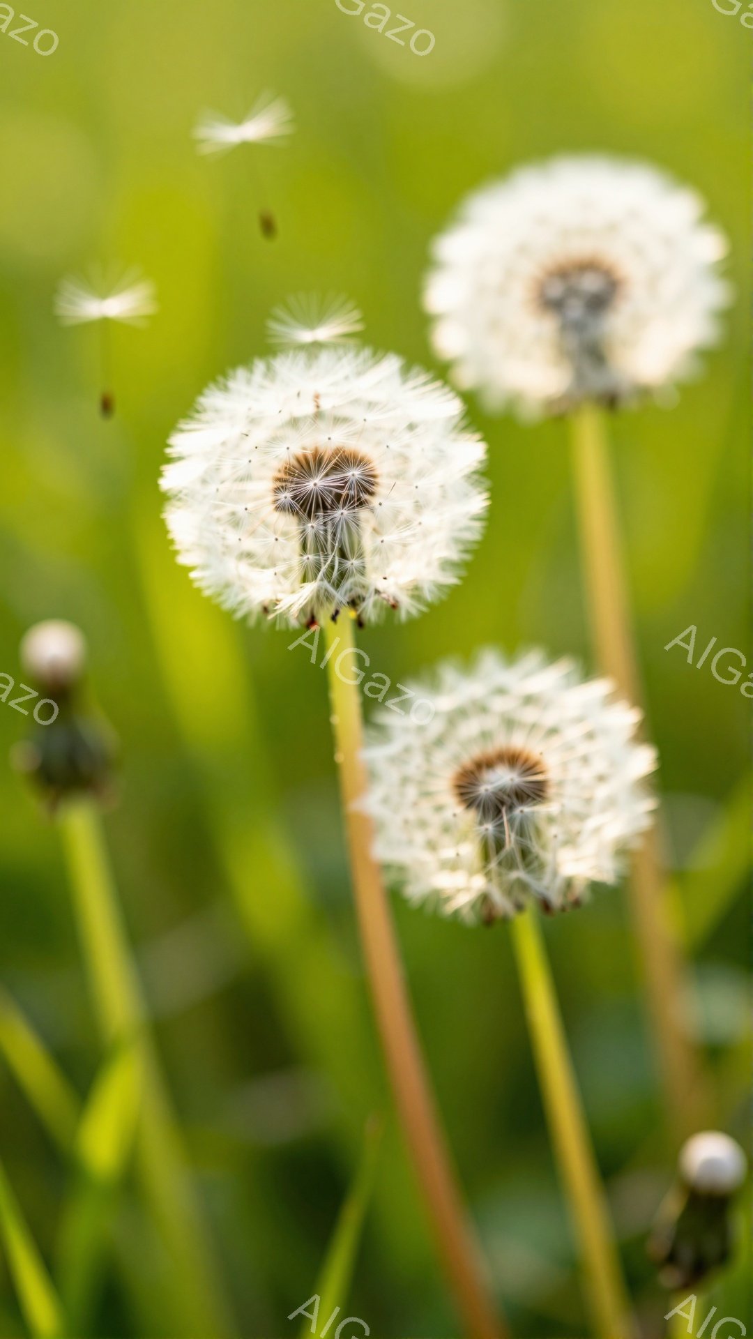鮮やかな緑色の背景にタンポポが咲き誇っています。種を飛ばす準備ができており、ふわふわとした白い綿毛が空中に舞い、穏やかな春の日の雰囲気を醸し出しています。背景はぼかされており、タンポポが際立っています。