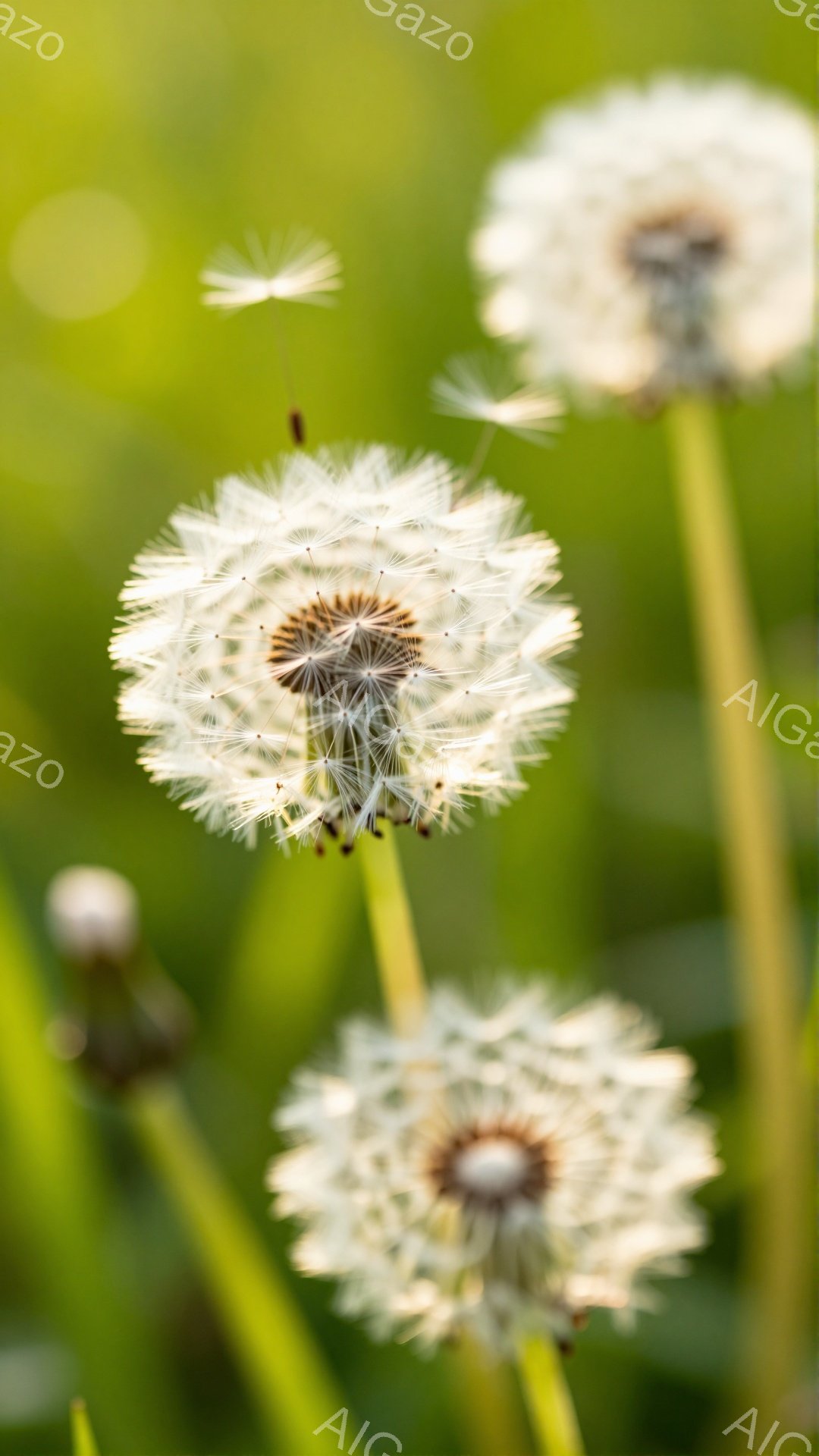 鮮やかな緑色の背景にタンポポの綿毛がふわふわと漂っている。焦点の合ったタンポポは綿毛が広がり、種を風に乗せて拡散しようとしている様子が捉えられている。背景の緑はぼやけており、春の穏やかな日差しを感じさせる。