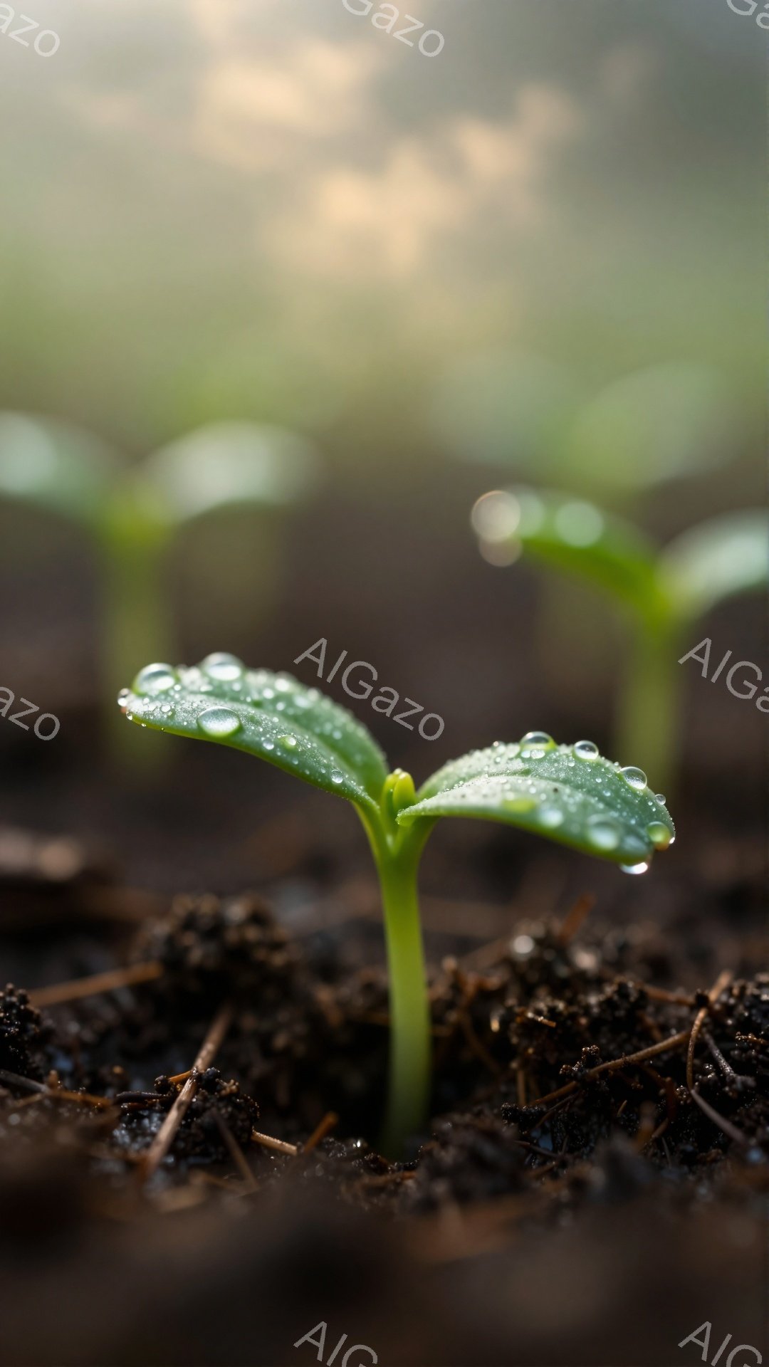 若々しい緑色の芽が、湿った暗い土から顔を出している。朝露のような水滴が葉に付いており、生命力と希望を感じさせる。背景はぼやけており、芽がより際立って見える。