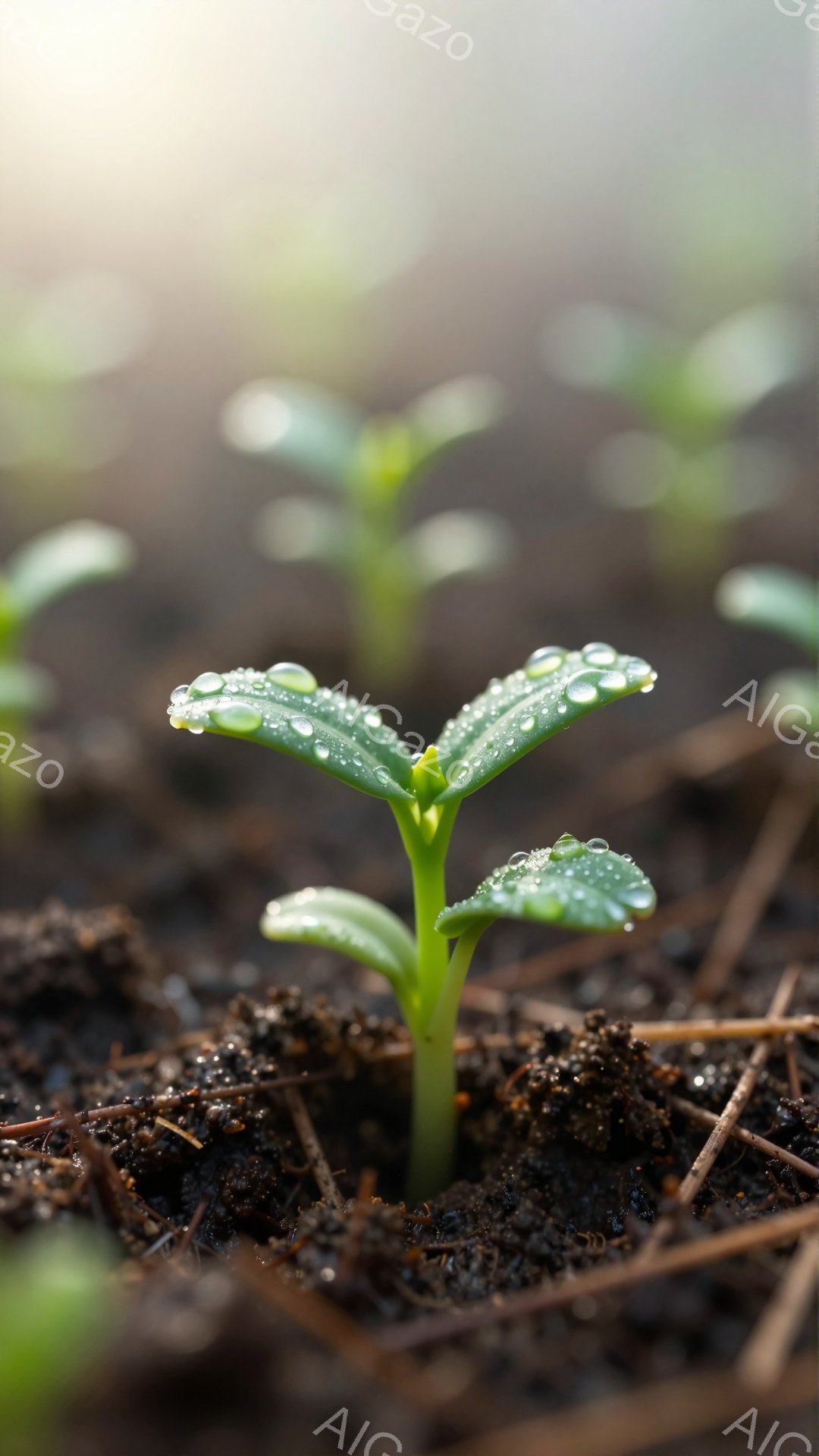 芽が出たばかりの小さな植物が、湿った土の中から顔を出している。葉には水滴が光り、生命力に満ちた様子が伝わってくる。背景はぼやけており、植物に視線が集中する。