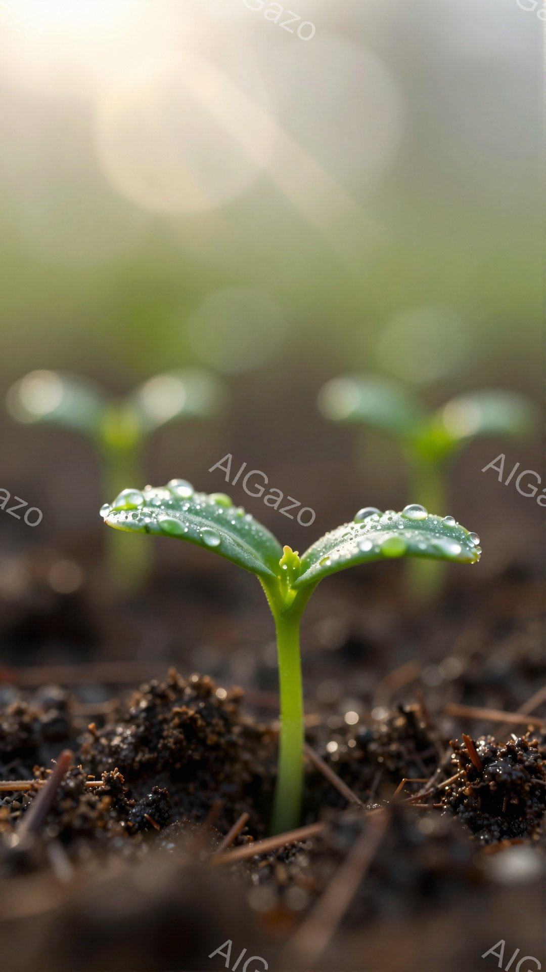 新芽が土から顔を出し、朝露に濡れた葉が光を受けて輝いている。背景は柔らかい光に包まれ、生命の息吹を感じさせる静かな情景だ。未来への希望と成長の象徴のような、美しい瞬間が捉えられている。