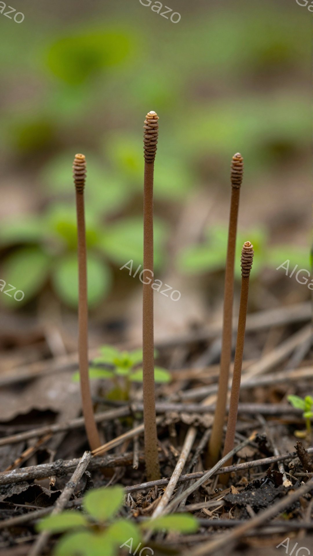 緑の葉の間に、茶色い茎と先端が鮮やかな植物がいくつか生えている。光が差し込む森の地面に、植物の影が落ち、静かで穏やかな雰囲気が漂っている。土と枯れ葉が混ざった地面が、自然な背景を形成している。 - AI生成フリー素材