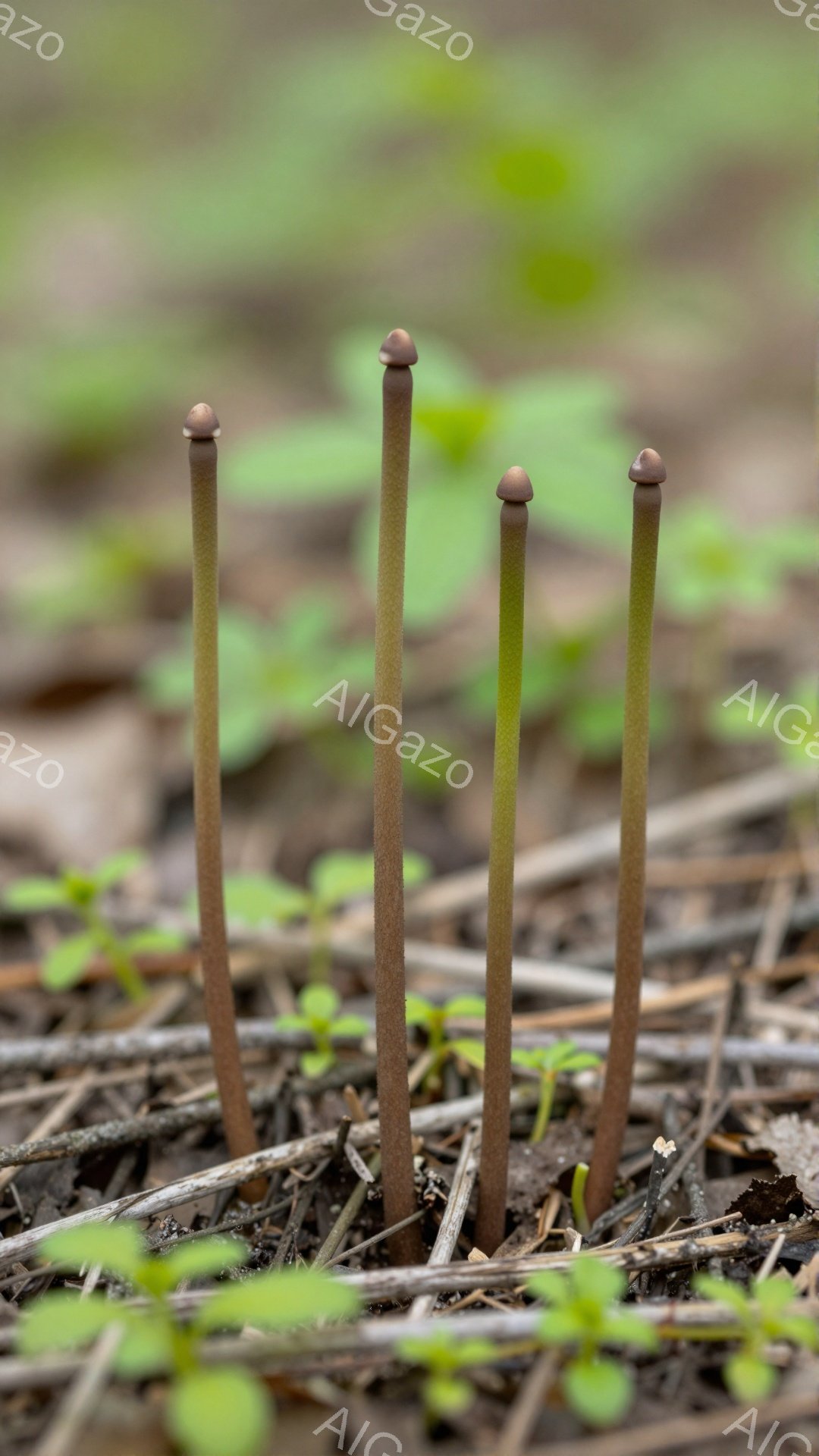 湿った土から顔を出す、細くて長い芽が複数見られます。緑の芽が芽吹き始めたばかりで、生命力に満ち溢れた春の光景です。背景は土と枯れ葉で覆われ、自然の温かさが感じられます。 - AI生成フリー素材
