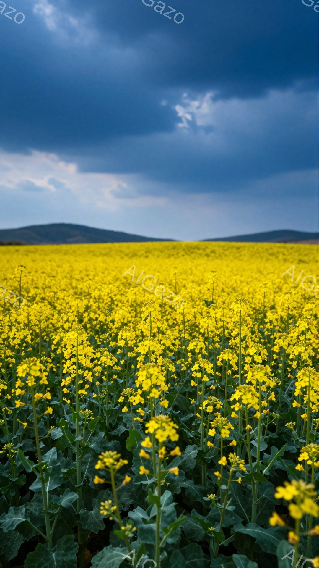広大な菜の花畑が広がり、鮮やかな黄色い花が目に飛び込んでくる。背景にはうっすらと山並みが確認でき、曇天がその風景をよりドラマチックに演出している。強いコントラストと花畑の広がりが、自然の力強さと美しさを感じさせる。