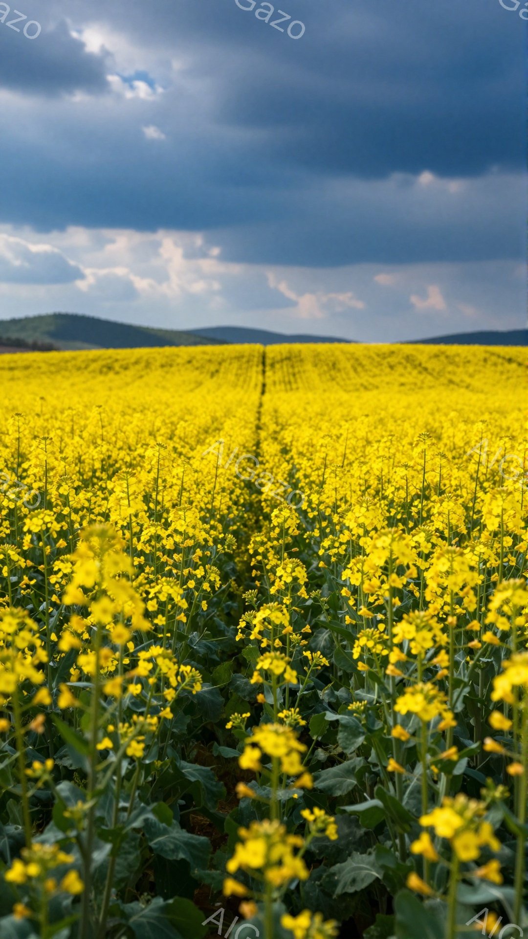 広大な菜の花畑が広がり、鮮やかな黄色が目に飛び込んでくる。空は暗雲に覆われ、まるで嵐の前のような重苦しい雰囲気が漂っている。遠くには山々がぼんやりと見え、自然の雄大さを感じさせる。