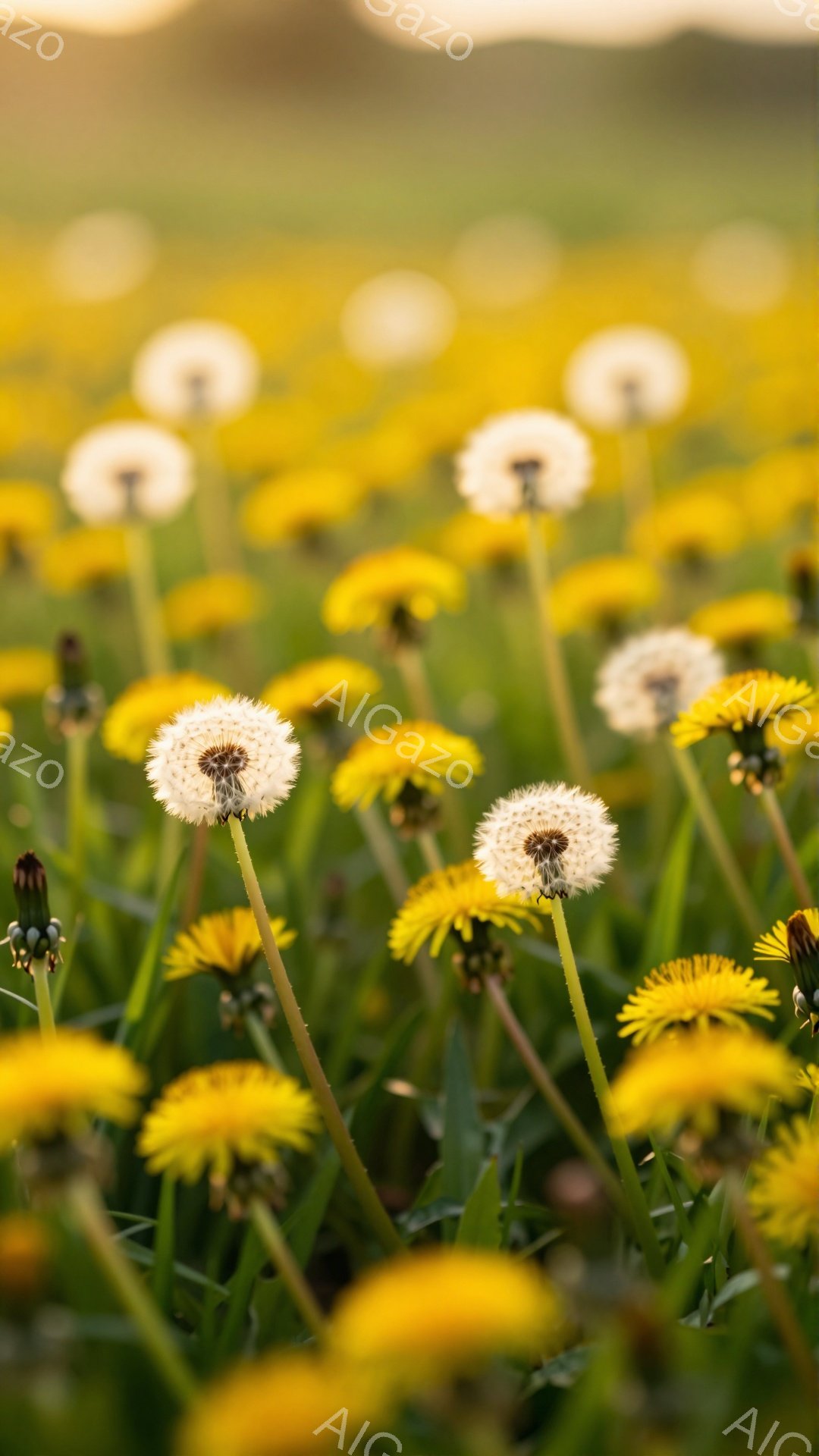 緑豊かな草むらの中にタンポポが咲き乱れ、一部は綿毛へと変化している。柔らかい日差しが差し込み、暖かく穏やかな春の日の雰囲気を醸し出している。背景はぼやけており、タンポポが際立つように工夫されている。