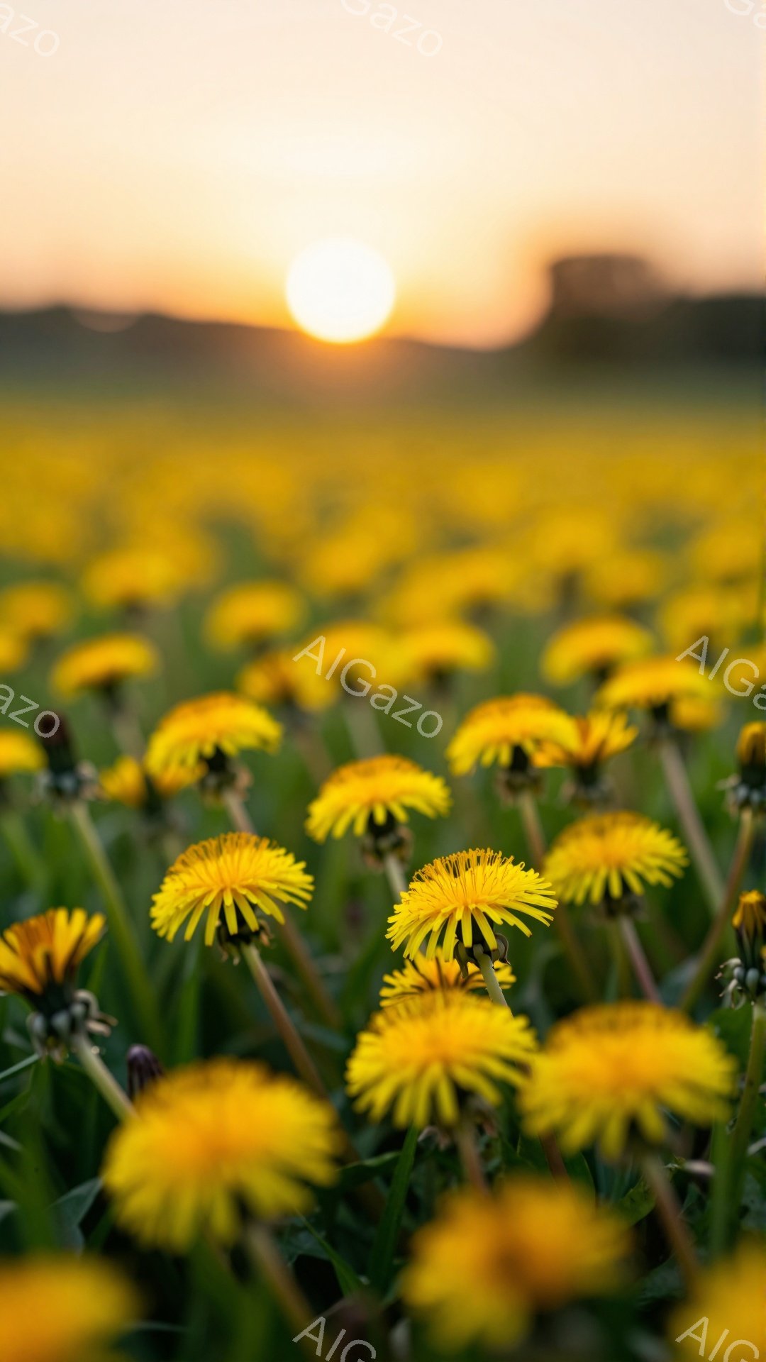 タンポポが咲き乱れる草原が、夕焼けに照らされています。焦点の合っている手前のタンポポと、ぼやけた奥のタンポポのコントラストが美しいです。穏やかで暖かく、希望に満ちた雰囲気が漂っています。