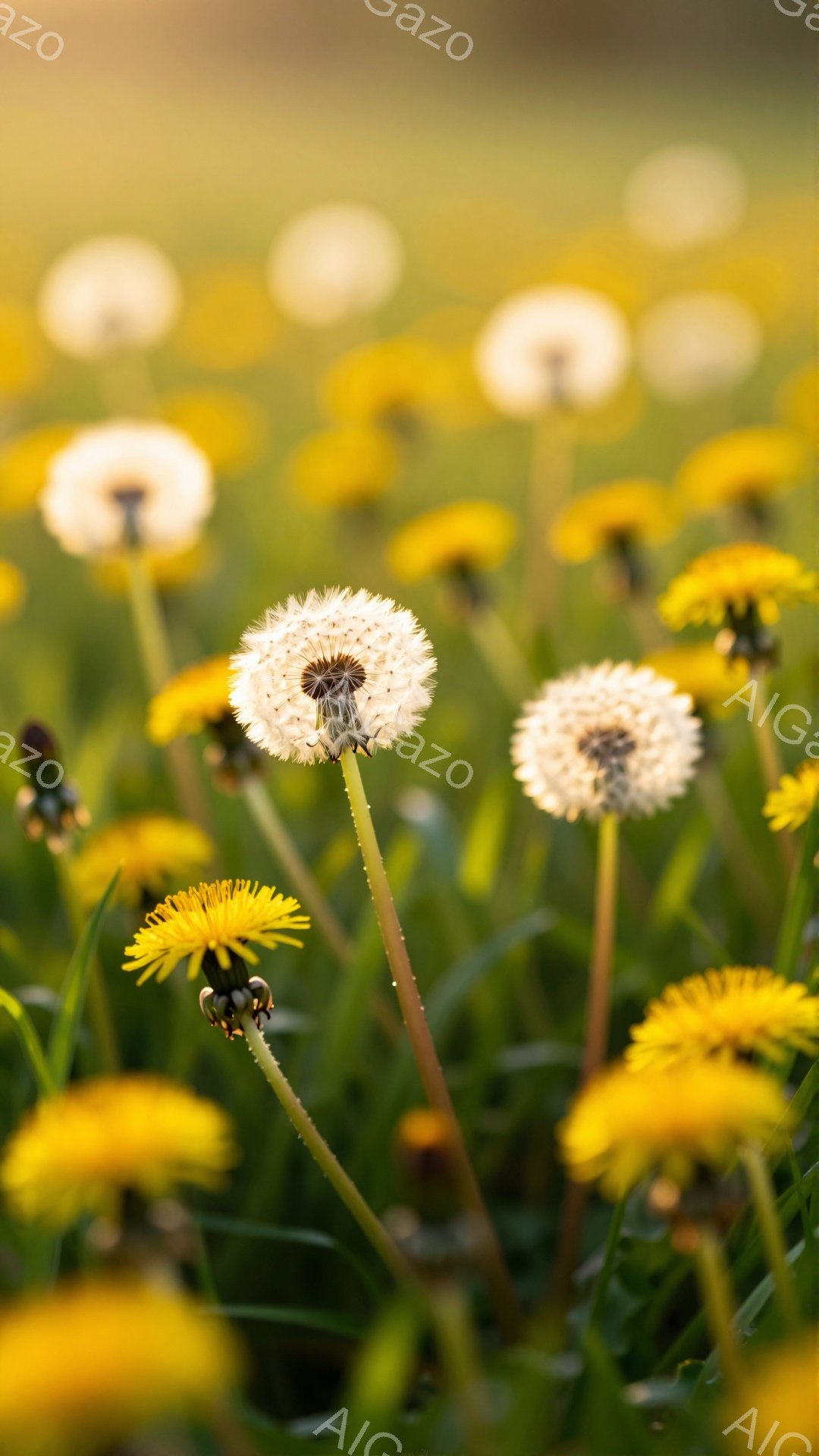 広野にタンポポが咲き乱れ、一部は綿毛になっている。背景はぼやけており、春の穏やかな陽光が差し込んでいる様子が伝わる。花の色鮮やかさと綿毛の儚さが、生命の循環を感じさせる。