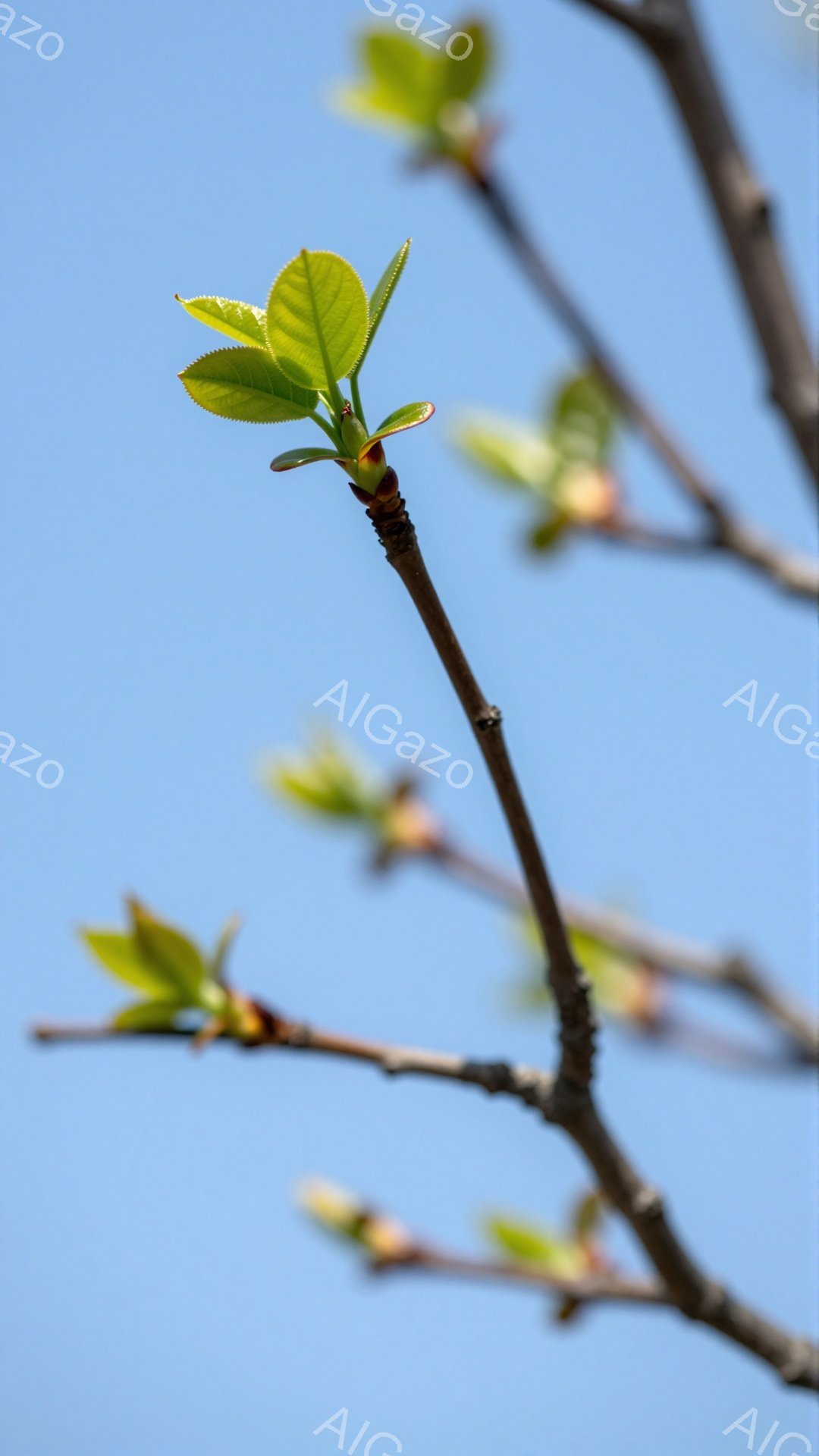 空を背景に、新緑の若葉が伸びる木の枝が写っている。空は澄んだ青色で、春の穏やかな雰囲気が漂う。若葉は生命力に満ち溢れ、希望を感じさせる。