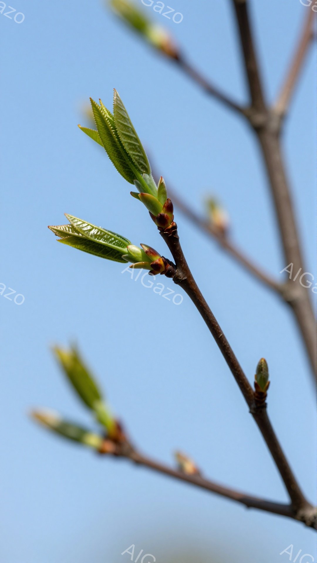 青空を背景に、新緑の芽が枝から生え始めている様子が捉えられています。 柔らかい緑色の葉は、春の訪れを告げるように、光に照らされて輝いています。 穏やかな雰囲気で、生命の息吹を感じさせる一枚です。 - AI生成フリー素材
