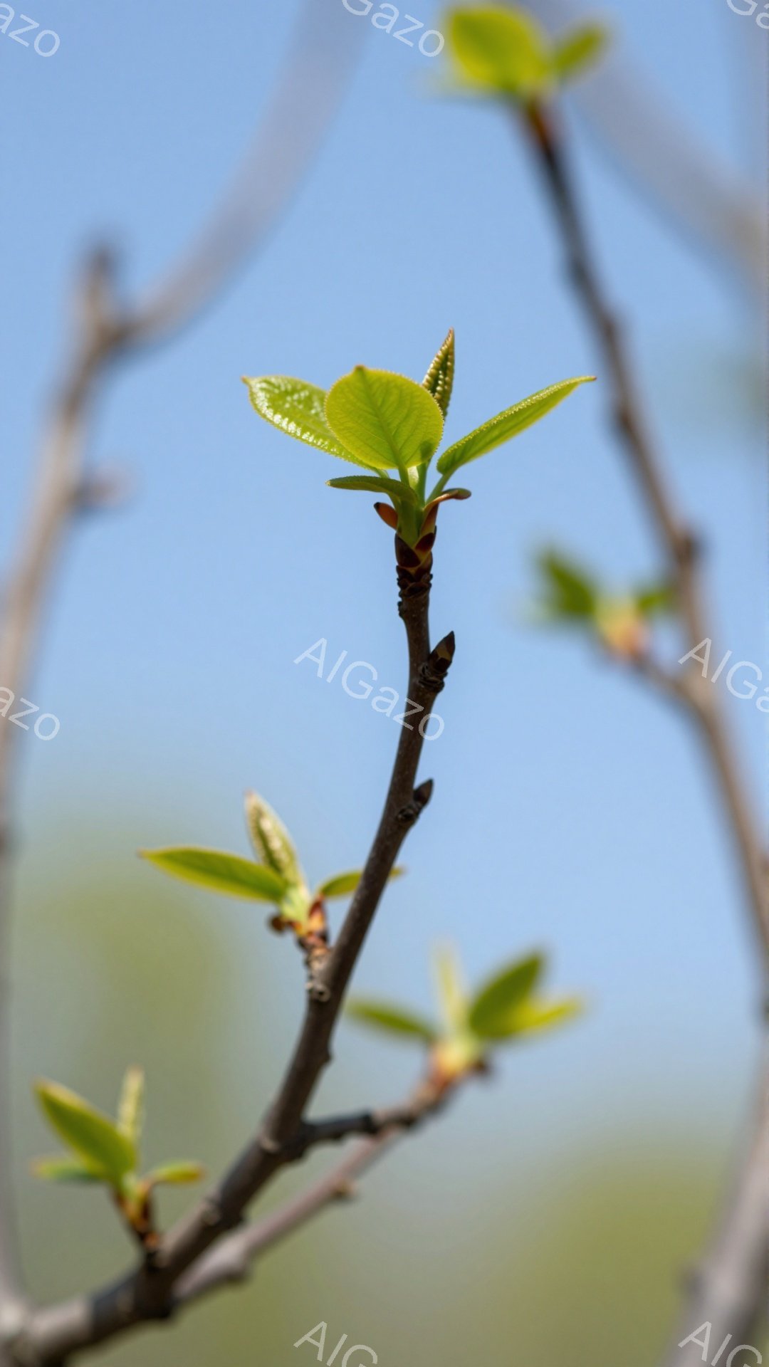 枝に新緑の芽がいくつか見られ、春の訪れを感じさせます。背景は空とぼんやりとした緑で、穏やかで静かな雰囲気が漂っています。柔らかい光が芽を照らし、生命の息吹が感じられます。 - AI生成フリー素材