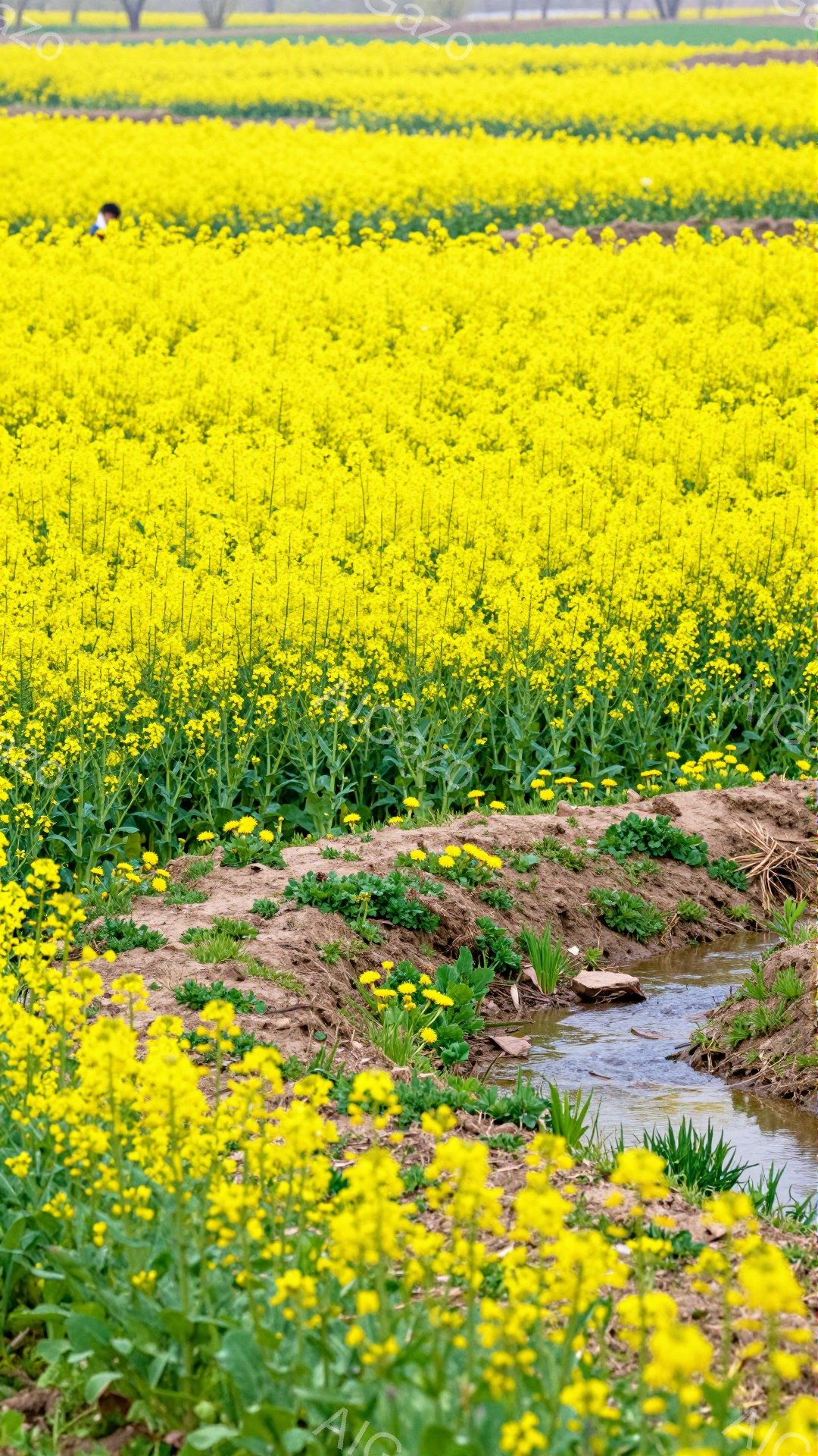 広大な菜の花畑が広がっており、小さな水路がその中に流れている。鮮やかな黄色が目に優しく、春の訪れを感じさせる風景だ。水路の土手には緑の草が生え、自然のコントラストが美しい。 - AI生成フリー素材