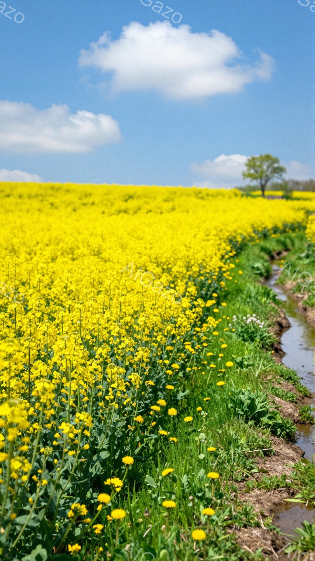 広大な菜の花畑が広がり、小川がその中心を流れています。青空と白い雲が美しいコントラストを作り出し、春の穏やかな雰囲気を醸し出しています。遠くには木々が見え、自然豊かな風景が広がっています。 - AI生成フリー素材