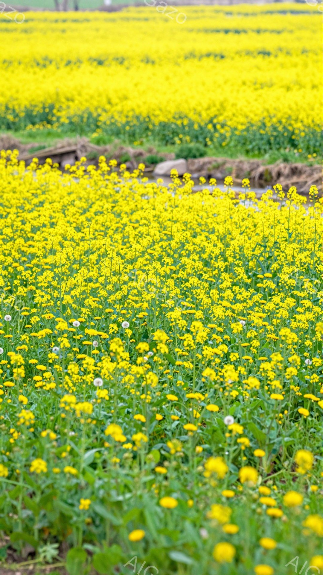 広大な菜の花畑が写っており、黄色い花が密集して咲き誇っている。中央には水路があり、緑とのコントラストが美しい風景を作り出している。穏やかな日差しが差し込み、春の暖かさを感じさせる。