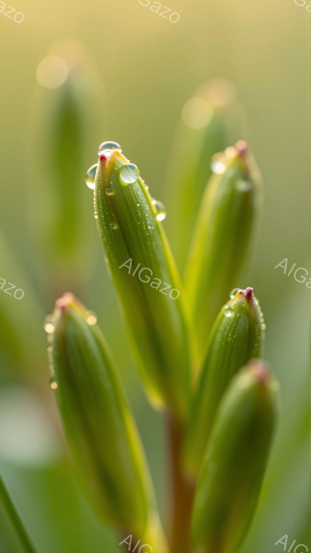 緑色の芽が密集しており、先端には水滴が光っています。背景はぼかされており、柔らかい光が差し込み、穏やかな雰囲気を醸し出しています。 新鮮な生命力と希望を感じさせる、自然の美しさが際立つ一枚です。