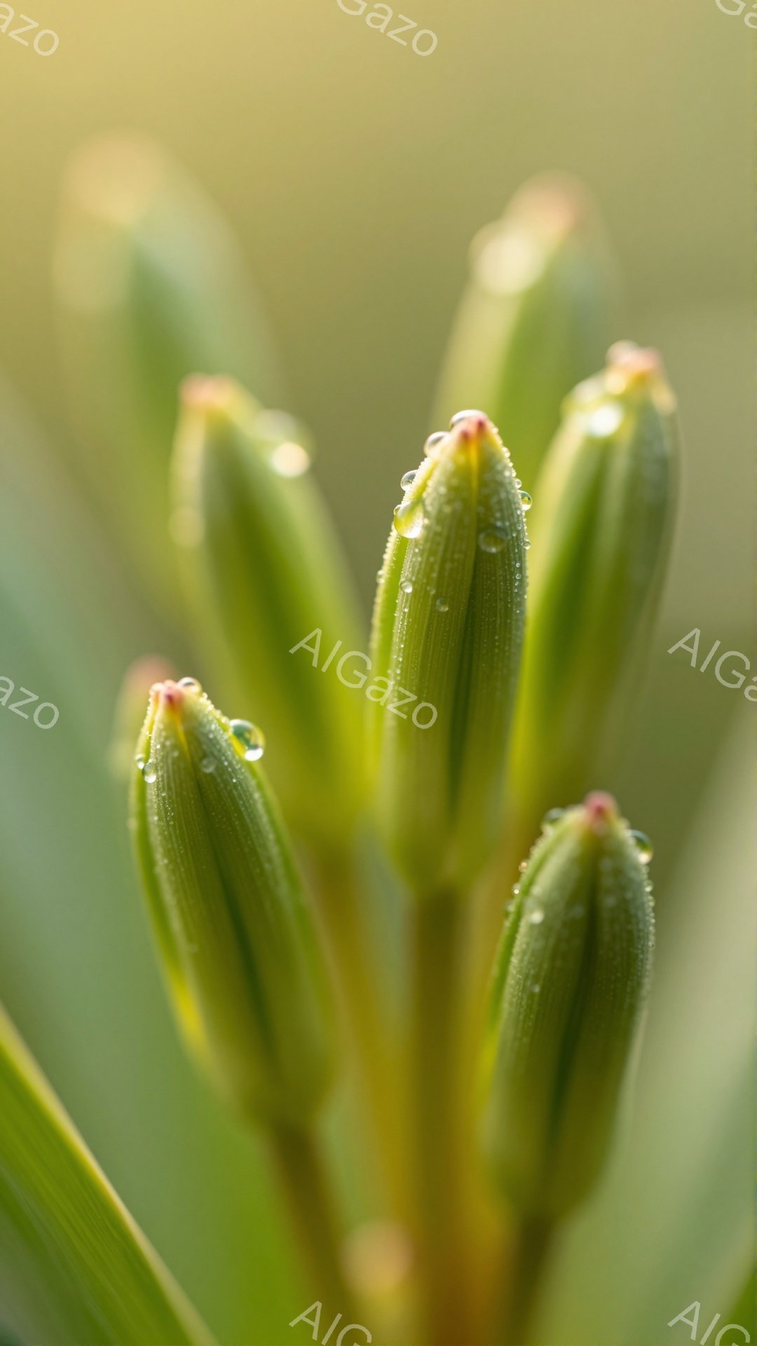 鮮やかな緑色の植物の新芽が、朝露をまとい、生命力に満ち溢れている。光が透過する背景と相まって、清々しく穏やかな雰囲気を醸し出している。新芽の先端には、雫が宝石のように輝き、自然の美しさを際立たせている - AI生成フリー素材