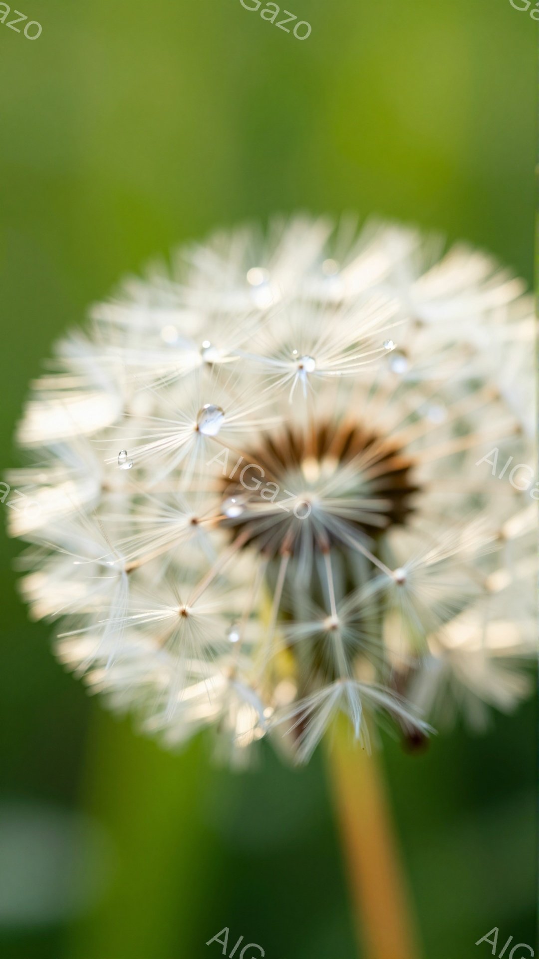 鮮やかな緑色の背景に、白いタンポポの綿毛が咲き誇っている。綿毛は風に舞いそうな儚さで、ところどころに水滴が輝き、生命力を感じさせる。柔らかな光が全体を包み込み、静かで穏やかな雰囲気を醸し出している。