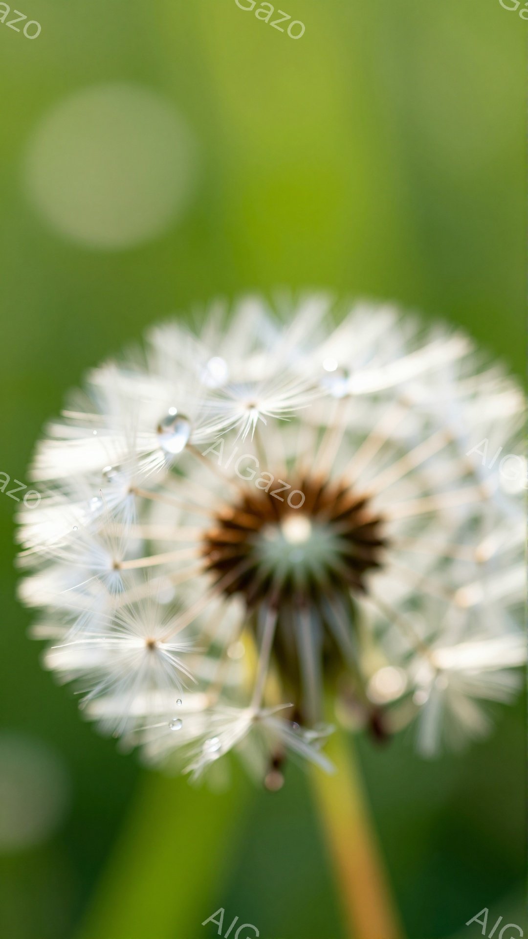 鮮やかな緑色の背景にタンポポが咲いています。綿毛は風に舞いそうなほど軽やかで、朝露のような水滴がいくつか付いています。自然の美しさを捉えた、穏やかで優しい雰囲気の写真です。