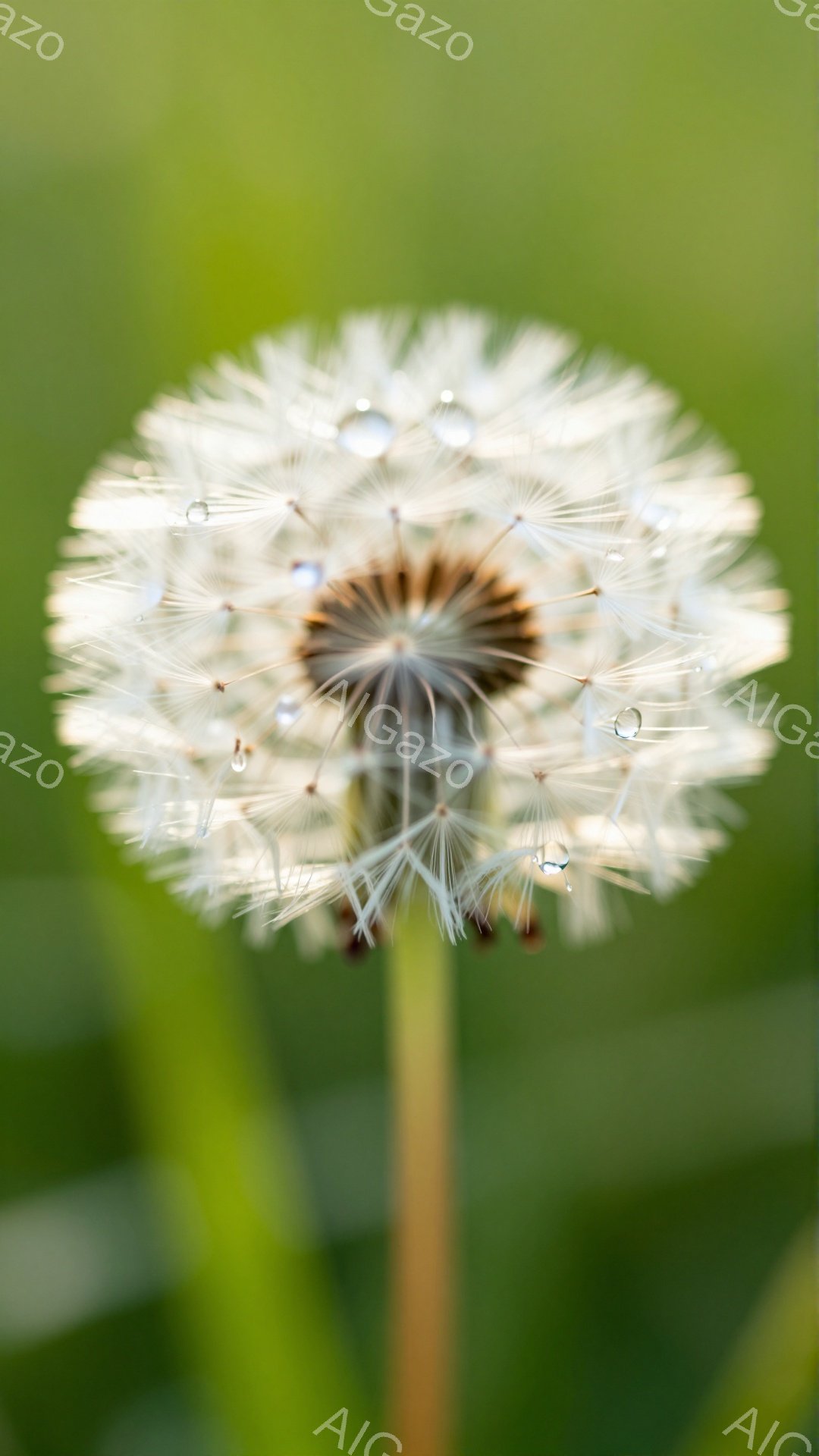 緑の背景にタンポポが咲いています。綿毛は丸く、種子が風に運ばれる準備ができています。葉や茎は鮮やかな緑色で、生命力にあふれています。