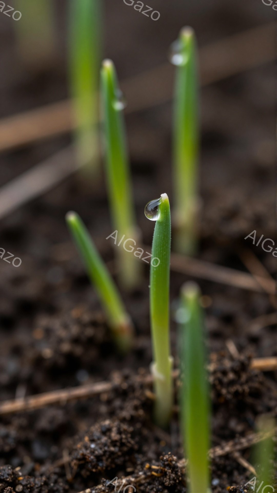 新鮮な緑の芽が湿った土から生えているクローズアップの写真です。雫がいくつかの芽の上で輝き、朝の露や雨の後の様子を捉えています。土の色と芽の緑色のコントラストが鮮やかで、生命力と成長の印象を与えます。