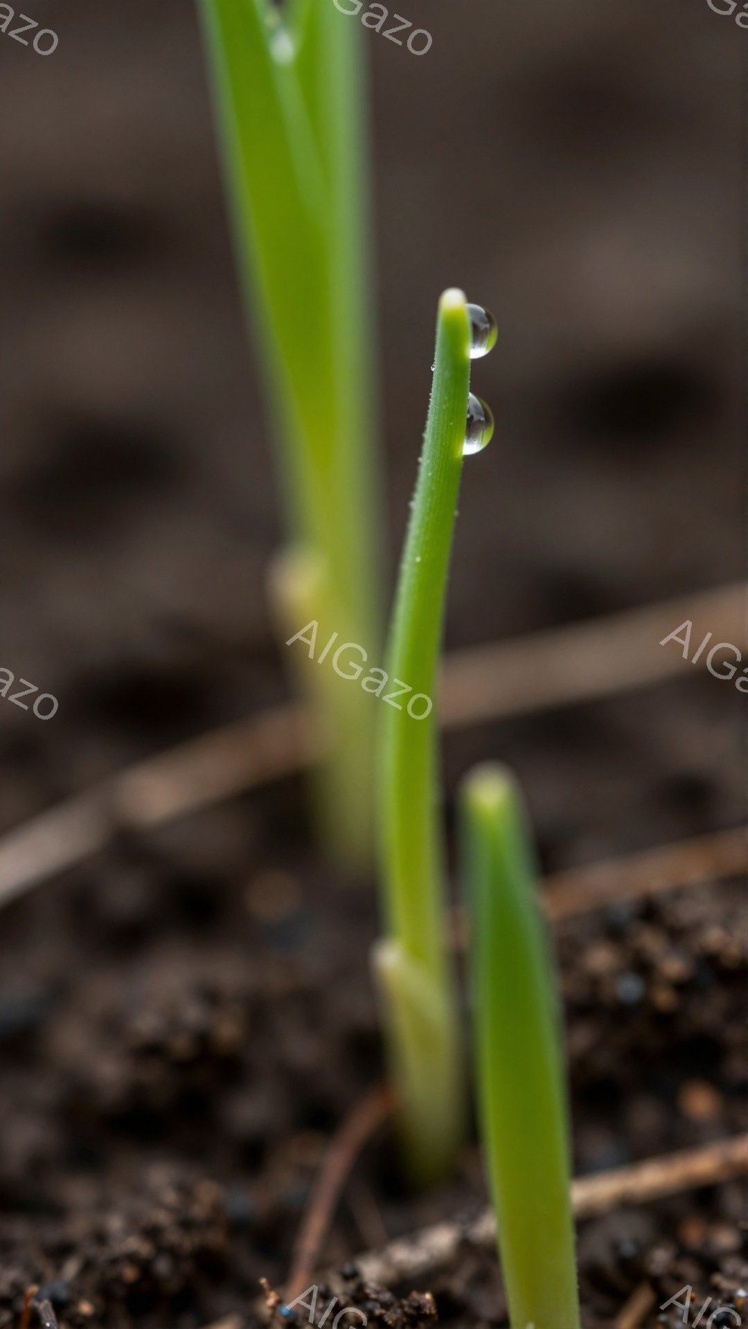 土の中から顔を出す若々しい芽が捉えられています。緑色の細い葉は瑞々しく、先端には水滴が光っています。背景は暗い土の色で、芽の生命力を際立たせています。 - AI生成フリー素材