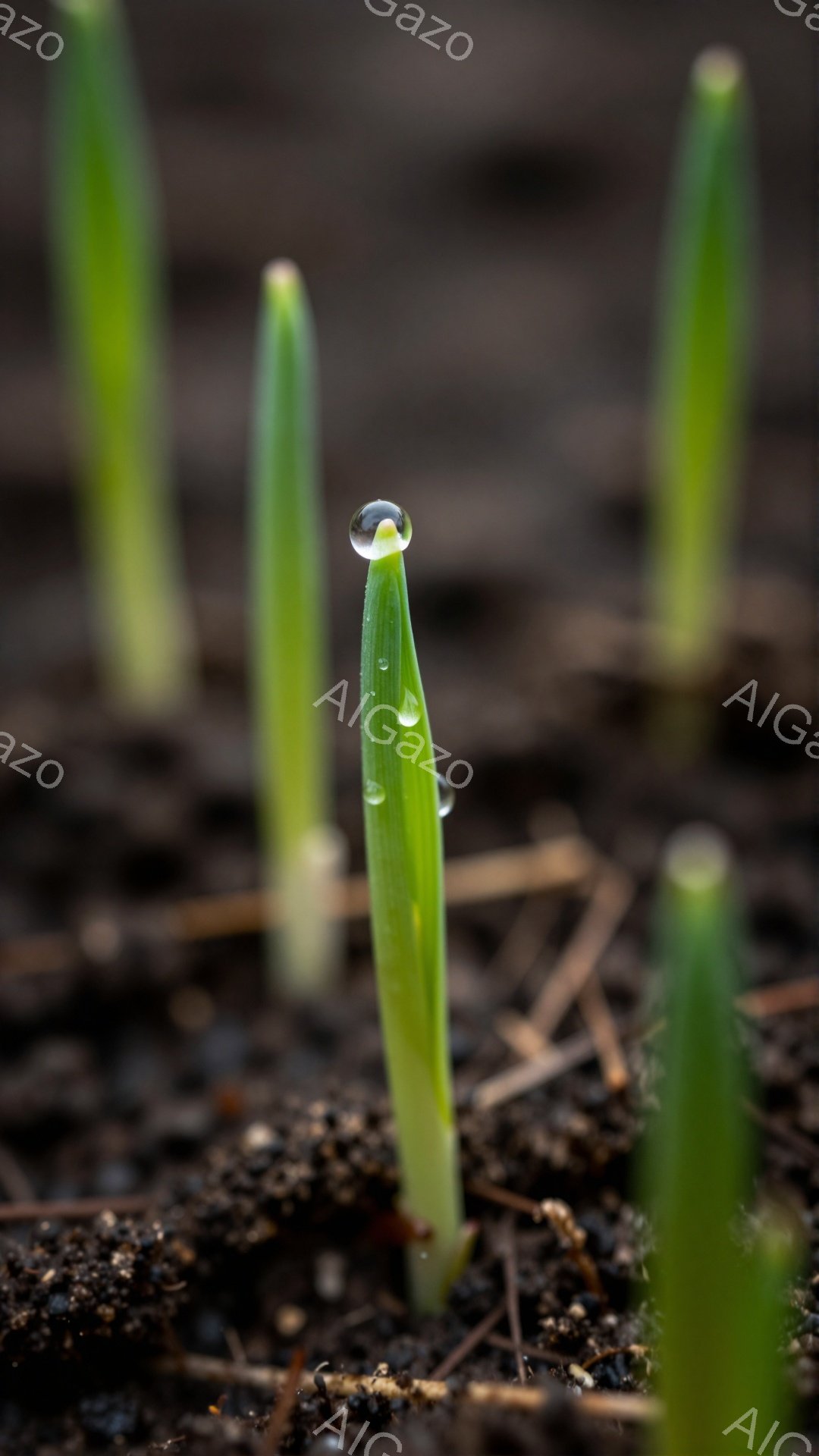 土の中から緑色の若芽が顔を出し、水滴をまとっている。土は湿っていて、植物の成長を促しているようだ。希望に満ちた、生命力溢れる様子が感じられる。