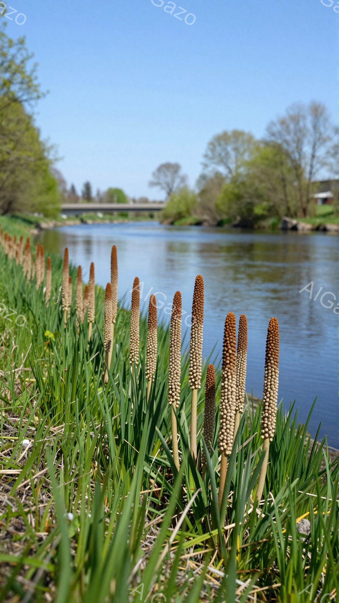 緑豊かな草原の中に、葦のような植物が密集して咲いている。背景には穏やかな川と、遠くにかかる橋が見え、春の穏やかな午後の雰囲気が漂っている。植物の鮮やかな緑と川の青が対照的で、のどかな風景を作り出してい - AI生成フリー素材