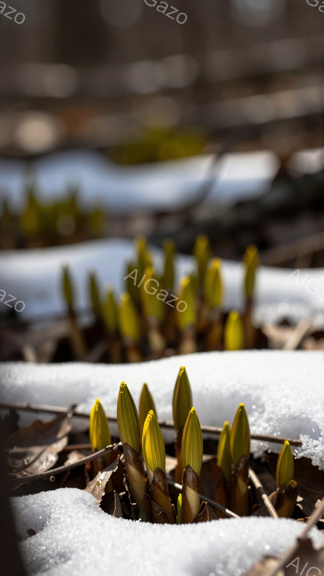 雪の中から顔を出す春の芽が印象的な写真です。枯れ葉と雪に覆われた地面から、明るい黄色の芽が力強く伸びています。厳しい冬を乗り越え、春の訪れを感じさせる希望に満ちた光景です。