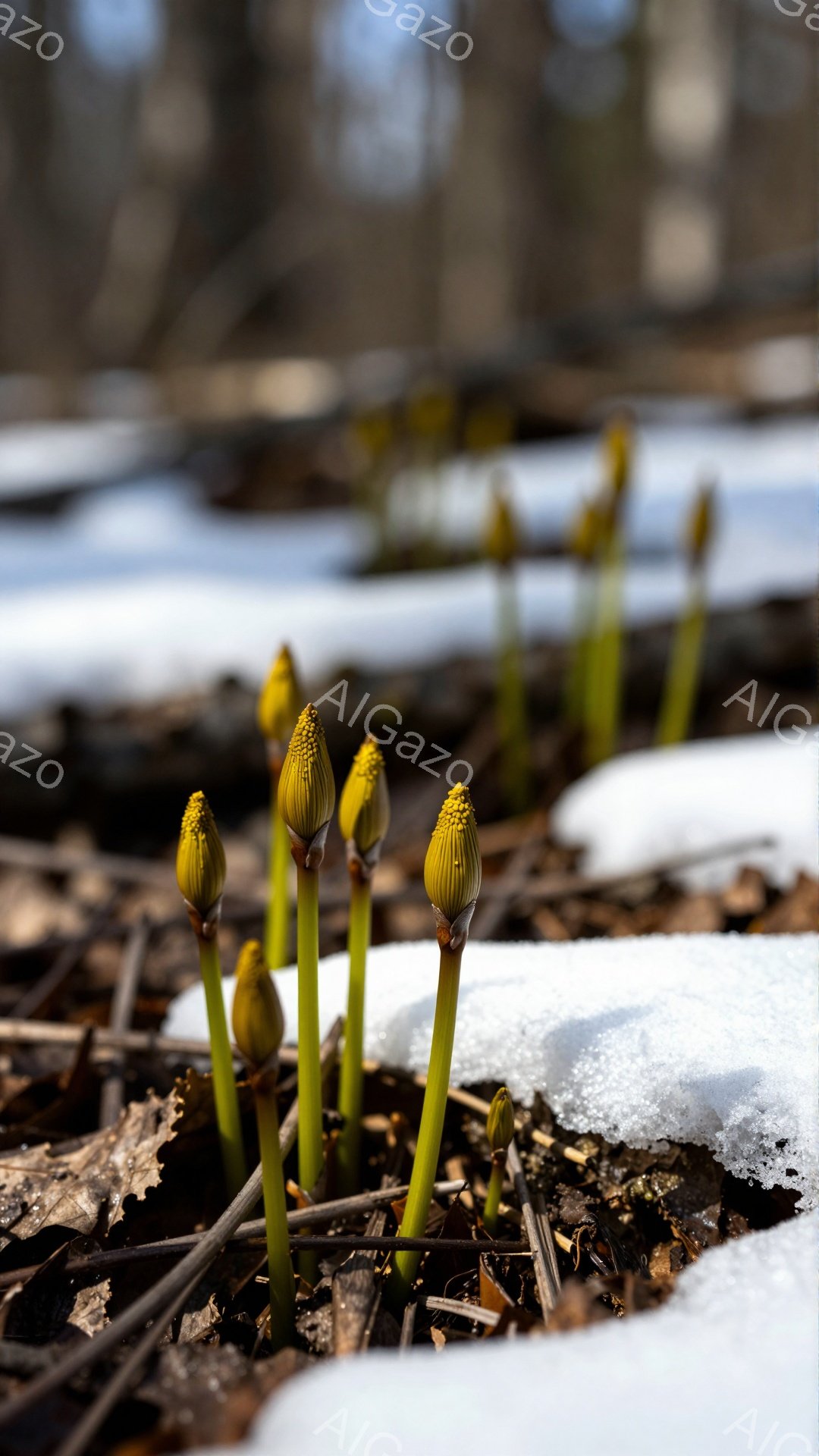 雪の中に顔を出す春の芽が印象的な一枚です。茶色の枯葉と白い雪のコントラストに、若々しい緑色が加わり、生命の息吹を感じさせます。日の光が芽を照らし、希望に満ちた暖かな雰囲気が漂っています。